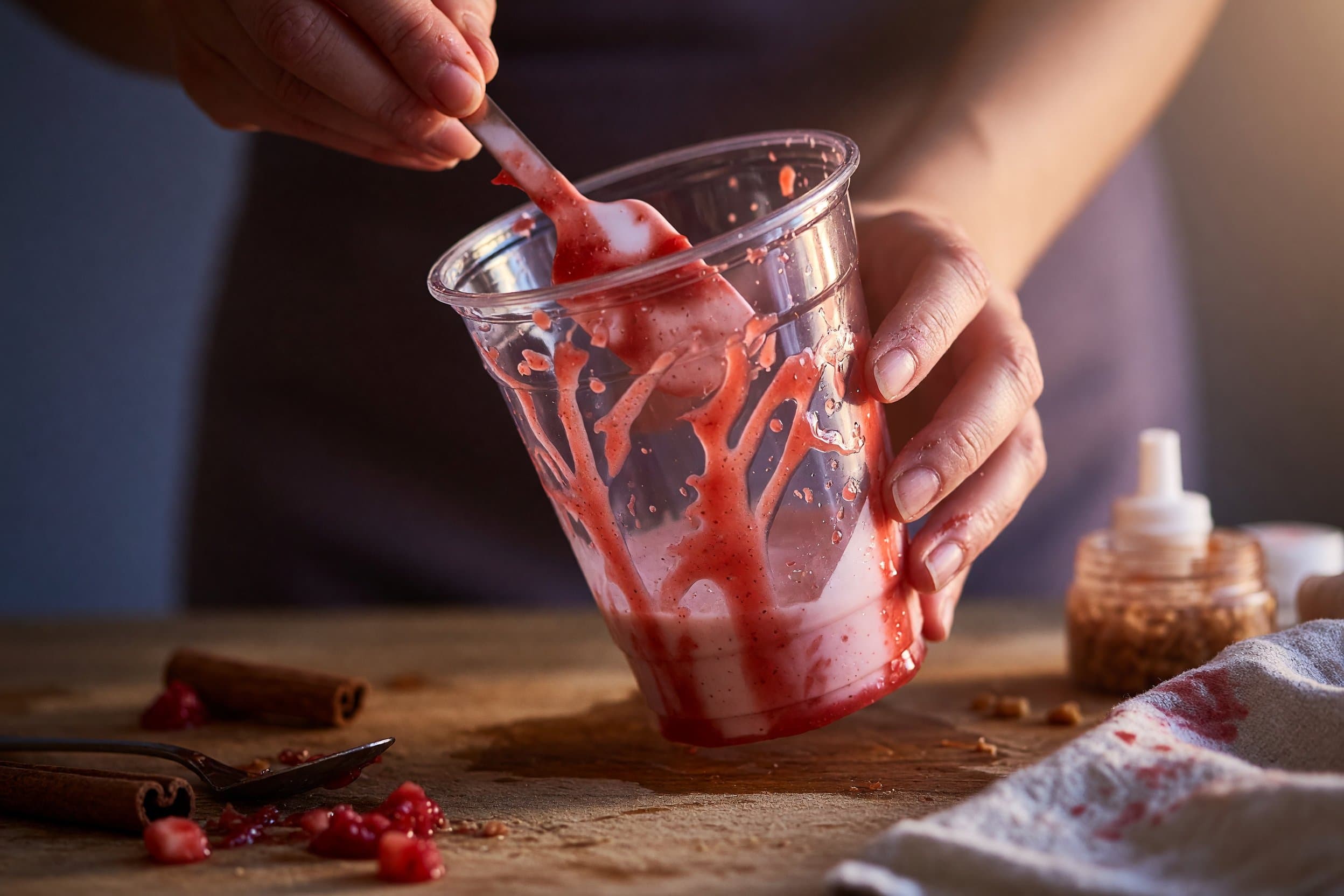 Glazing strawberry puree while preparing Homemade Starbucks Strawberry Shortcake Frappuccino