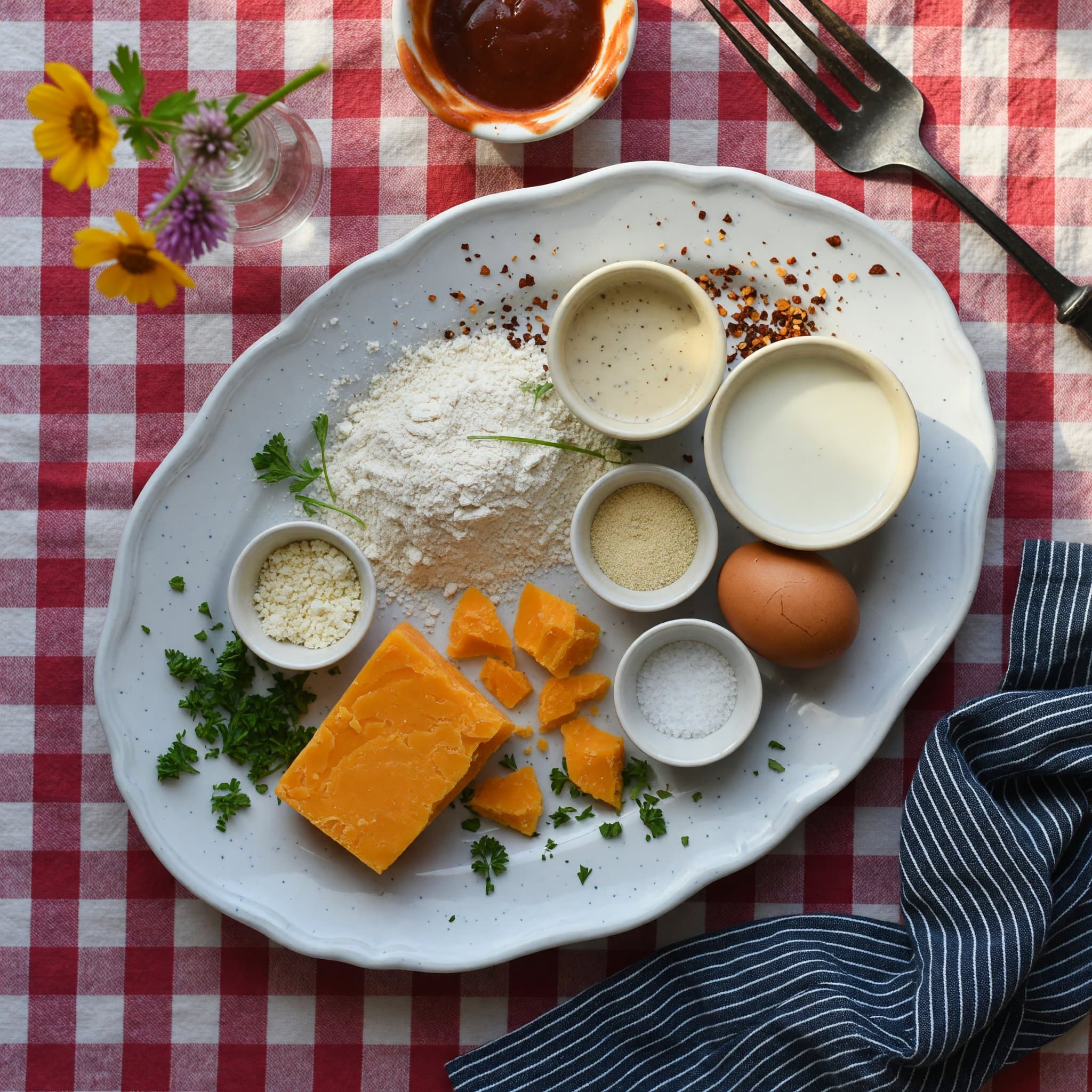 Overhead view of All-Purpose Flour, Sharp Cheddar Cheese, Baking Powder, Garlic Powder, Salt, Fresh Parsley, Milk and Egg arranged on a table