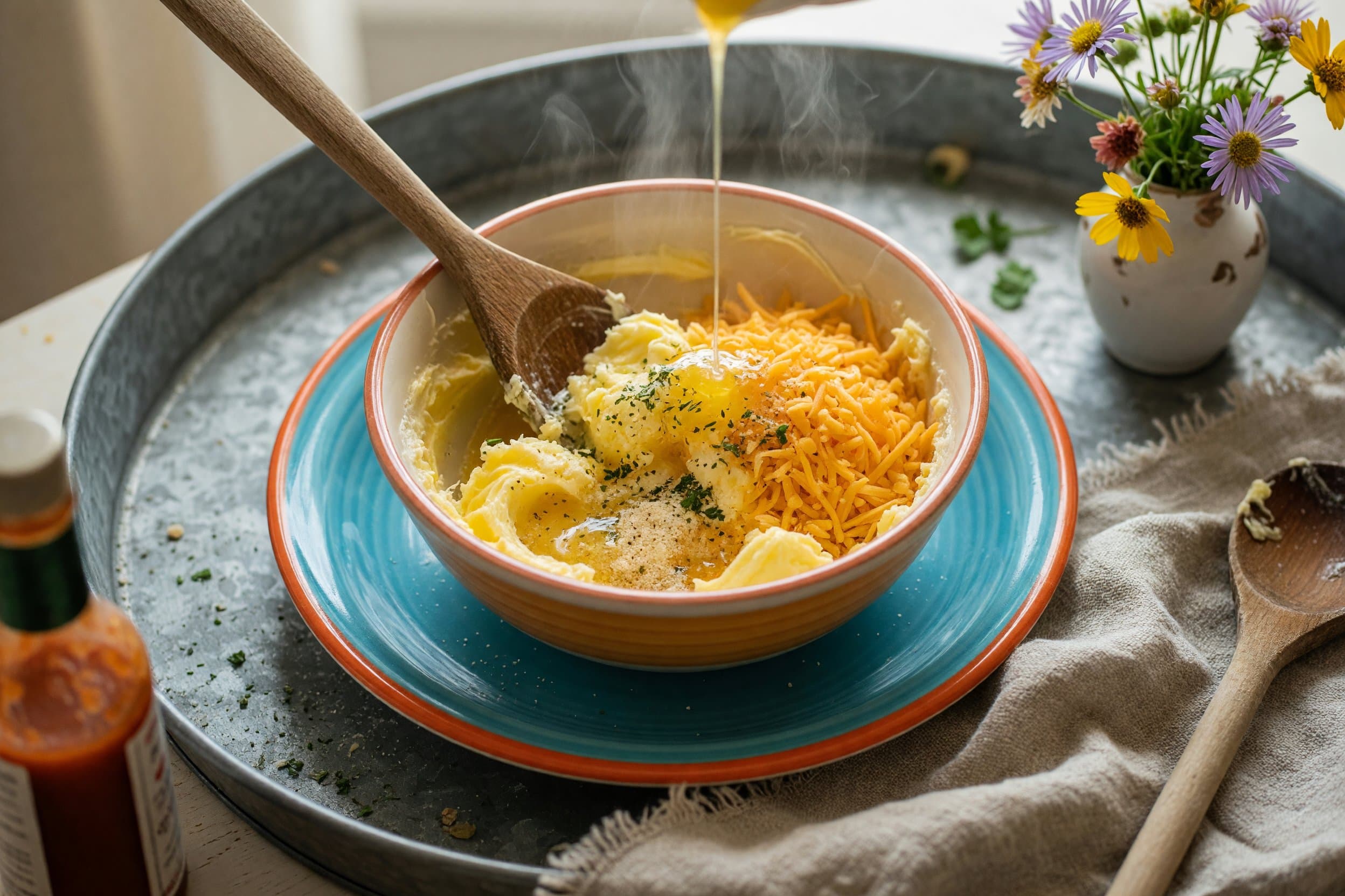 Whilst your biscuits are baking mix together your butter, garlic powder and pars while preparing Cheddar Bay Biscuits