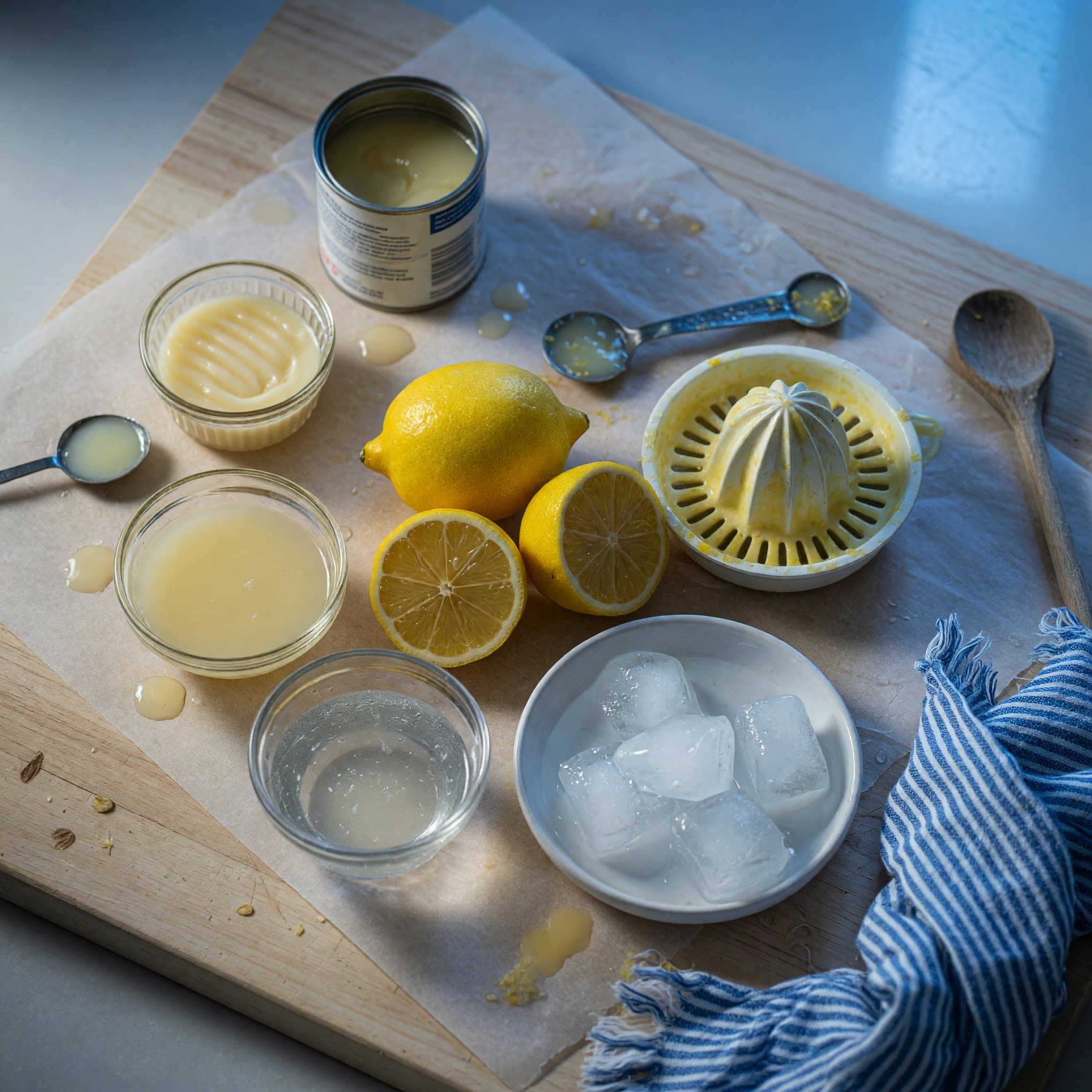 Overhead view of Lemon Juice, Sweetened Condensed Milk, Cold Water and Ice arranged on a table