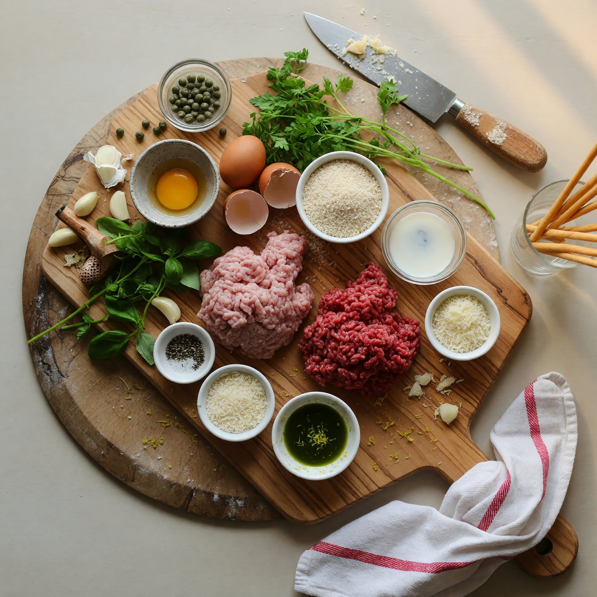 Overhead view of Ground Pork, Ground Beef, Milk, Panko Bread Crumbs, eggs, Garlic, Fresh Basil and Fresh Parsley arranged on a table