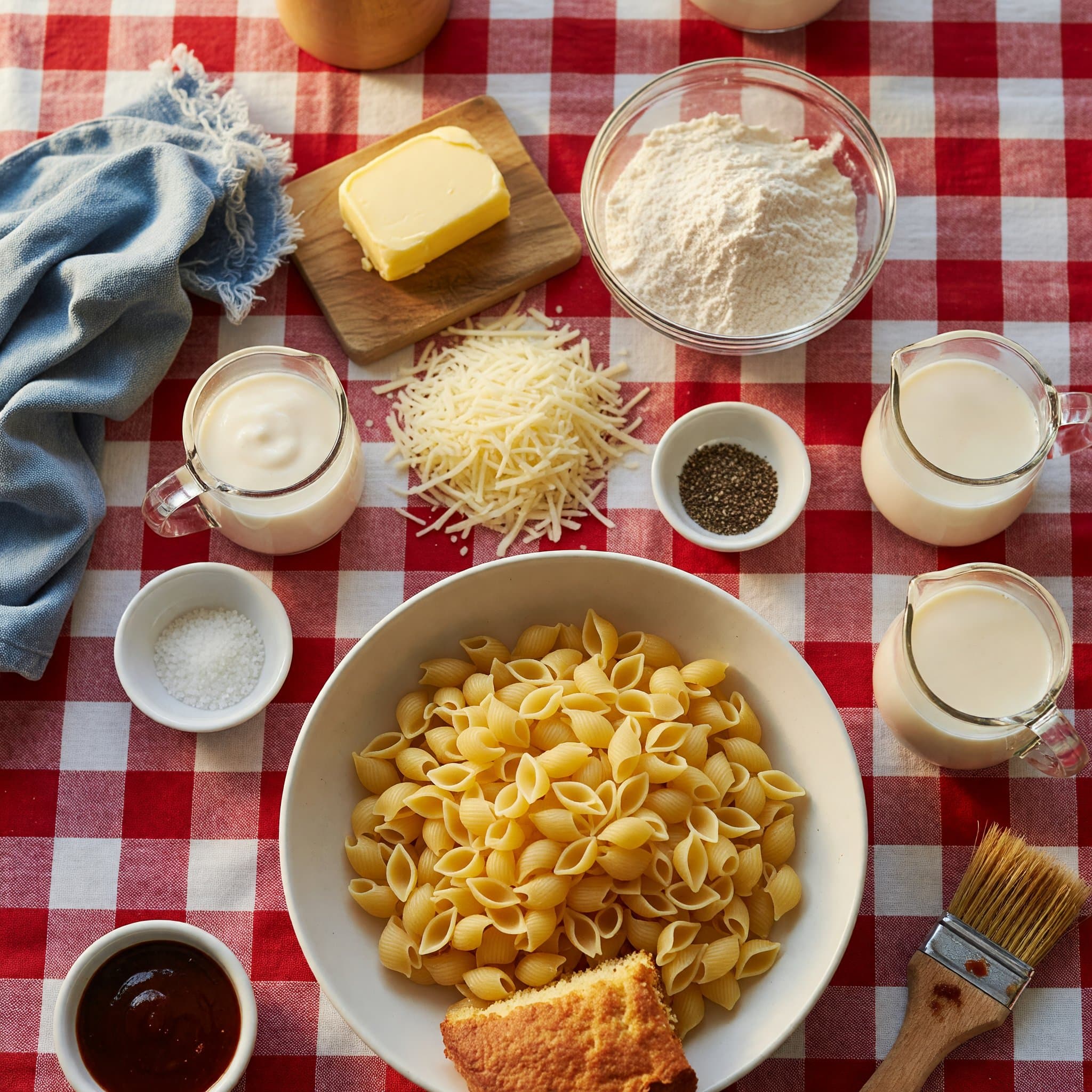 Overhead view of Pasta Shells, Butter, All-Purpose Flour, White Cheddar Cheese, Heavy Cream, Whole Milk, Salt and Black Pepper arranged on a table