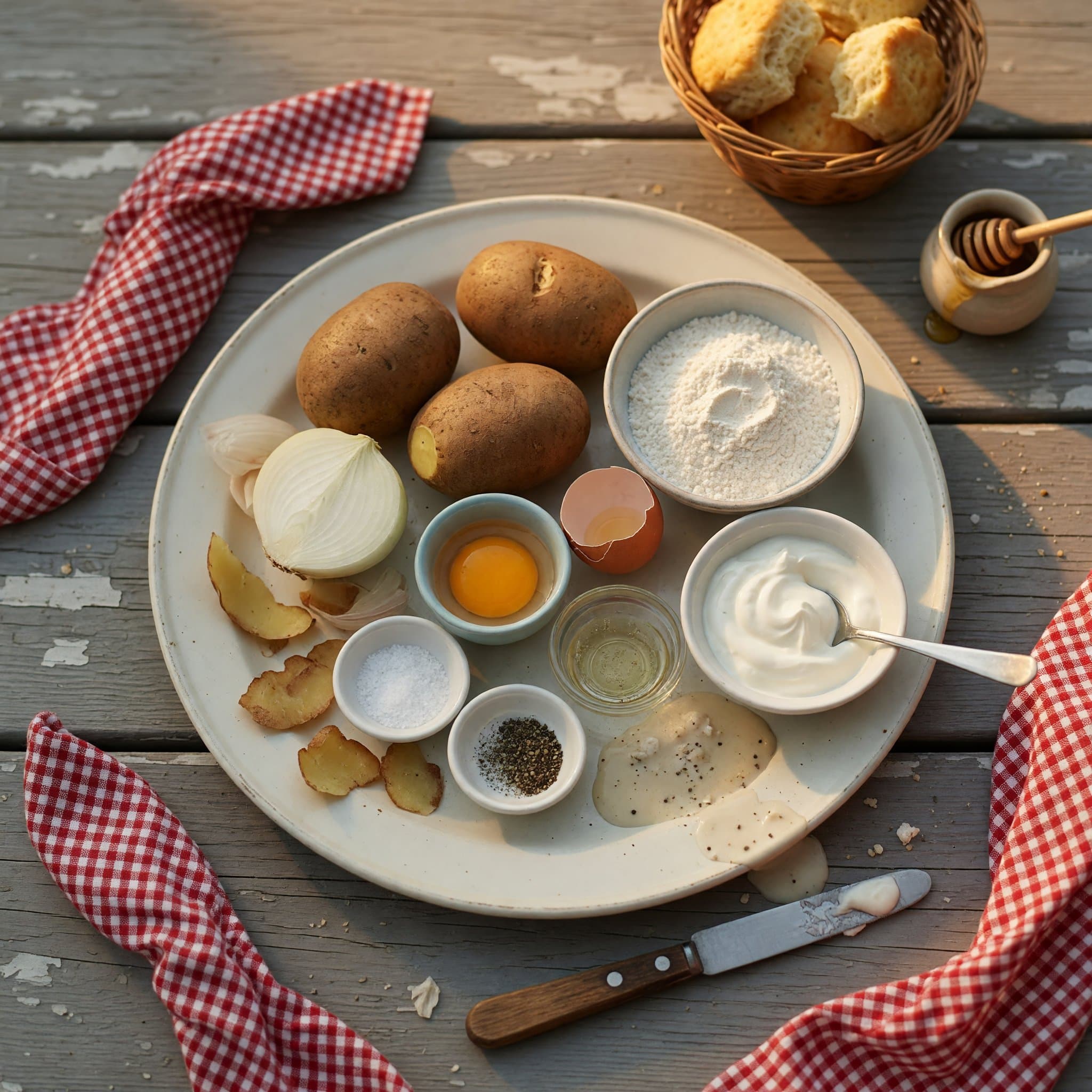 Overhead view of Potatoes, Onion, Salt, Black Pepper, All-Purpose Flour, Egg, Oil and Sour Cream arranged on a table