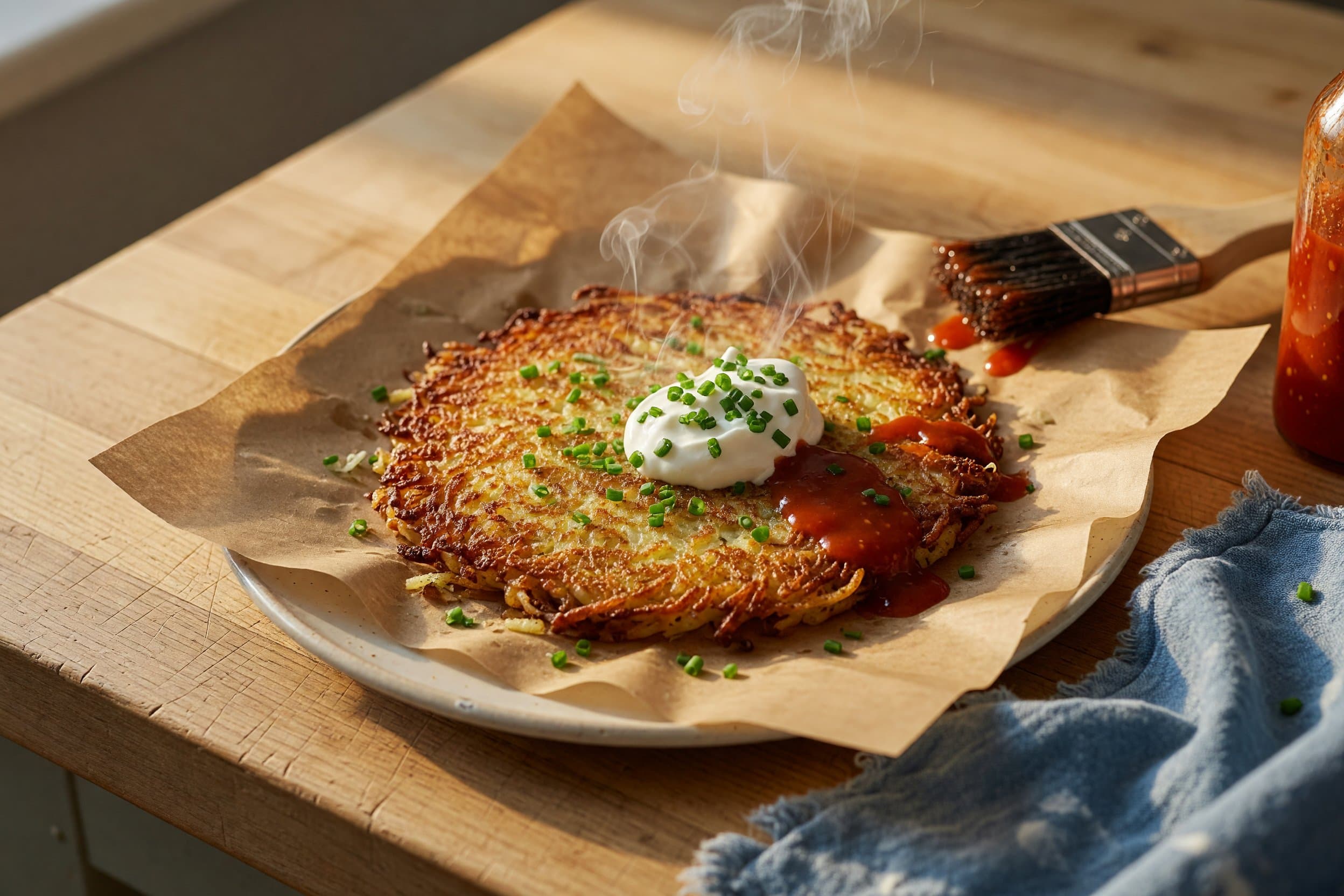 Serve / garnish with a bit of sour cream & finely chopped green onions and enjoy while preparing Easy Crispy Potato Pancakes