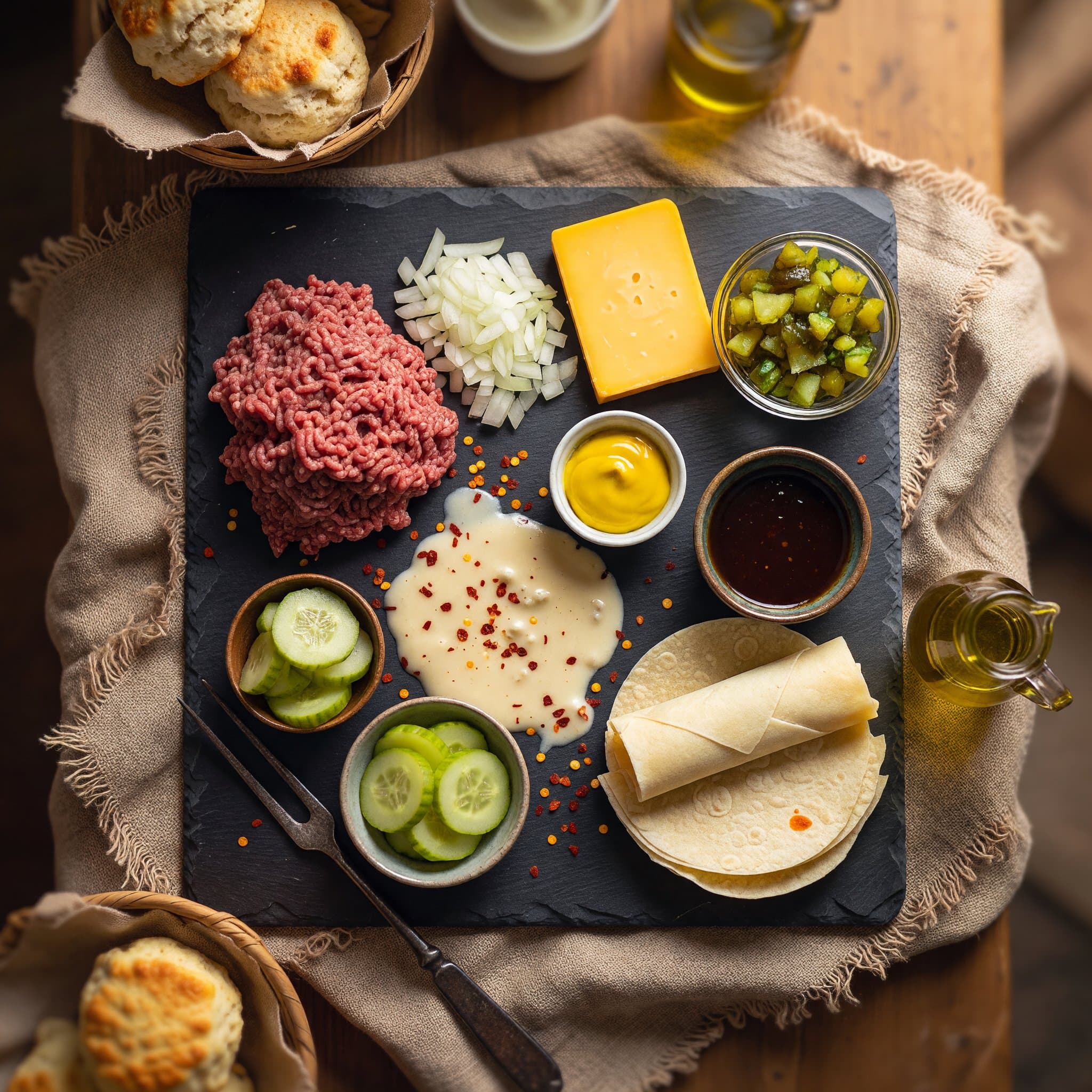 Overhead view of Ground Beef, Onion (Chopped), Velveeta Cheese, Dill Pickle Relish, Yellow Mustard, Worcestershire Sauce, Egg Roll Wrappers and Vegetable Oil arranged on a table