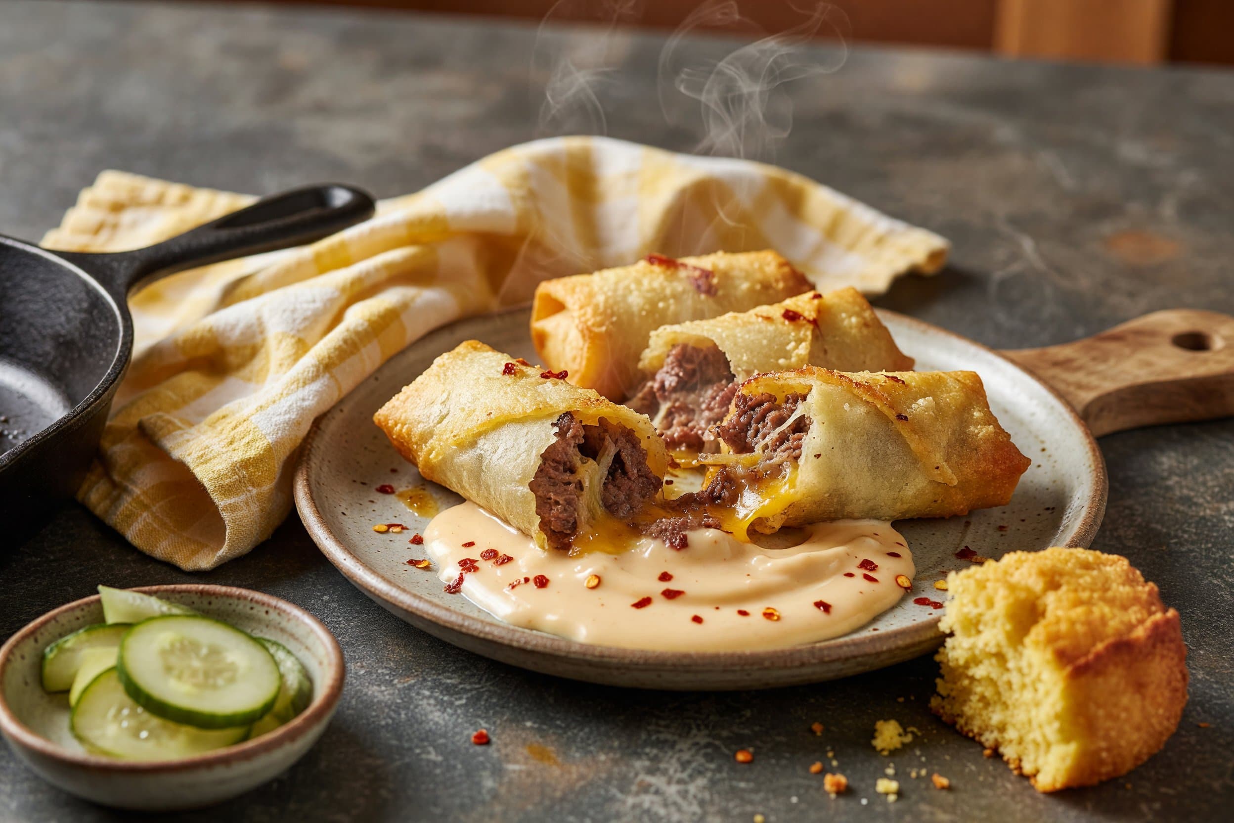 Serve hot with Japanese Yum Yum sauce for dipping and enjoy your Cheeseburger Sp while preparing Cheeseburger Spring Rolls Disney