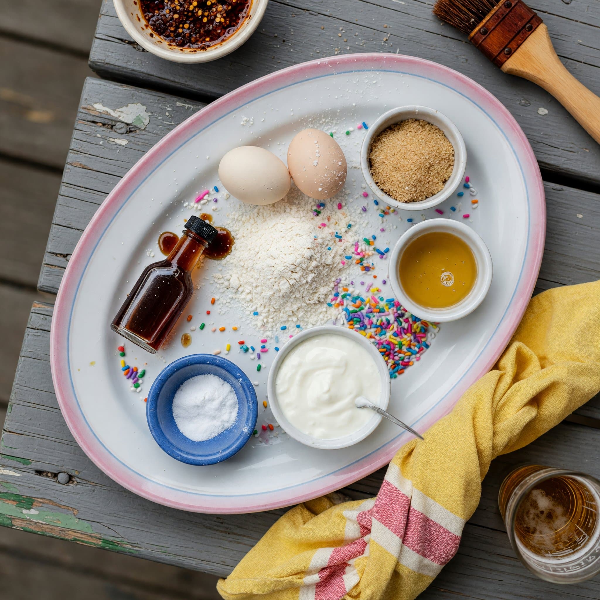 Overhead view of All-Purpose Flour, eggs, Vanilla Extract, Vegetable Oil, Light Brown Sugar, Baking Soda, Sprinkles and Plain Yogurt arranged on a table