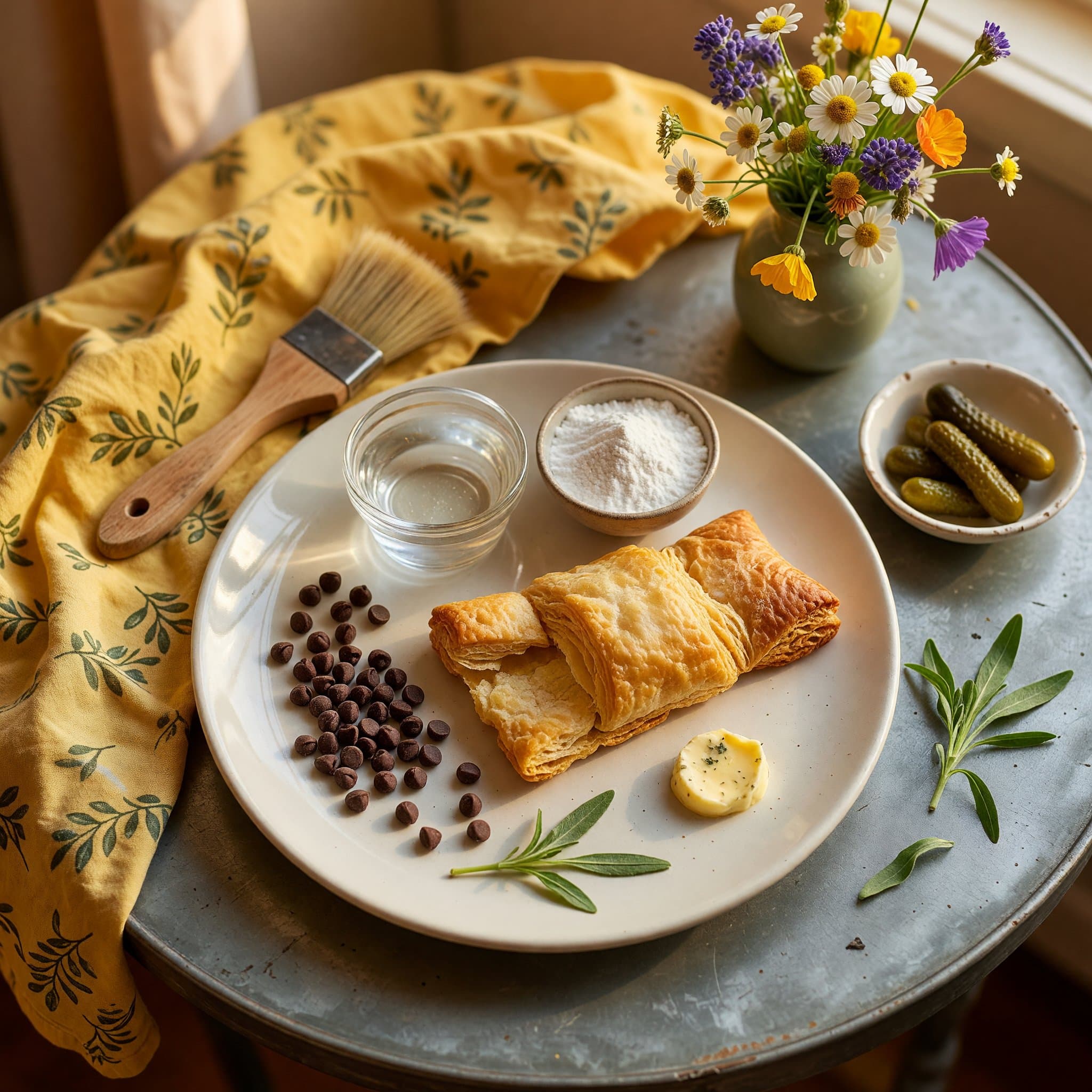 Overhead view of Puff Pastry, Chocolate Chips, Water and Powdered Sugar arranged on a table