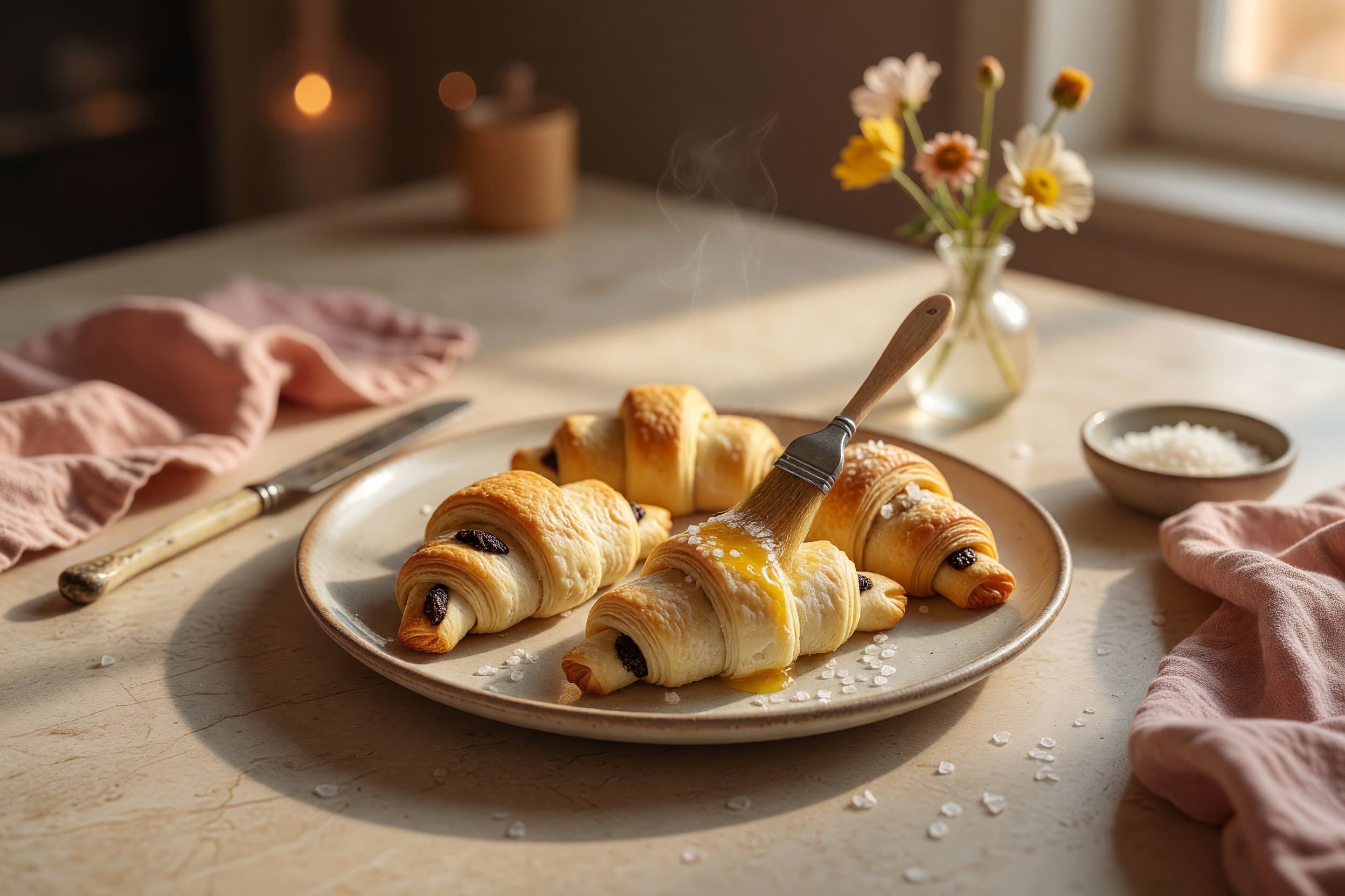Lightly brush egg wash over the top of all your croissants and bake in the oven while preparing 3 Ingredient Chocolate Croissants