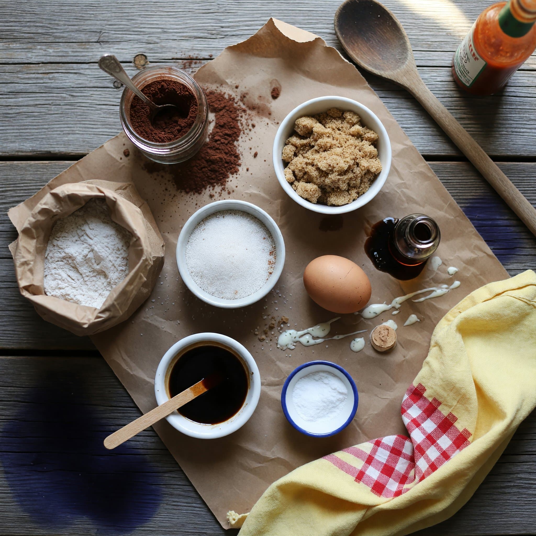 Overhead view of Unsweetened Cocoa Powder, Baking Soda, All-Purpose Flour, Molasses, Vanilla Extract, egg, Granulated Sugar and Light Brown Sugar arranged on a table