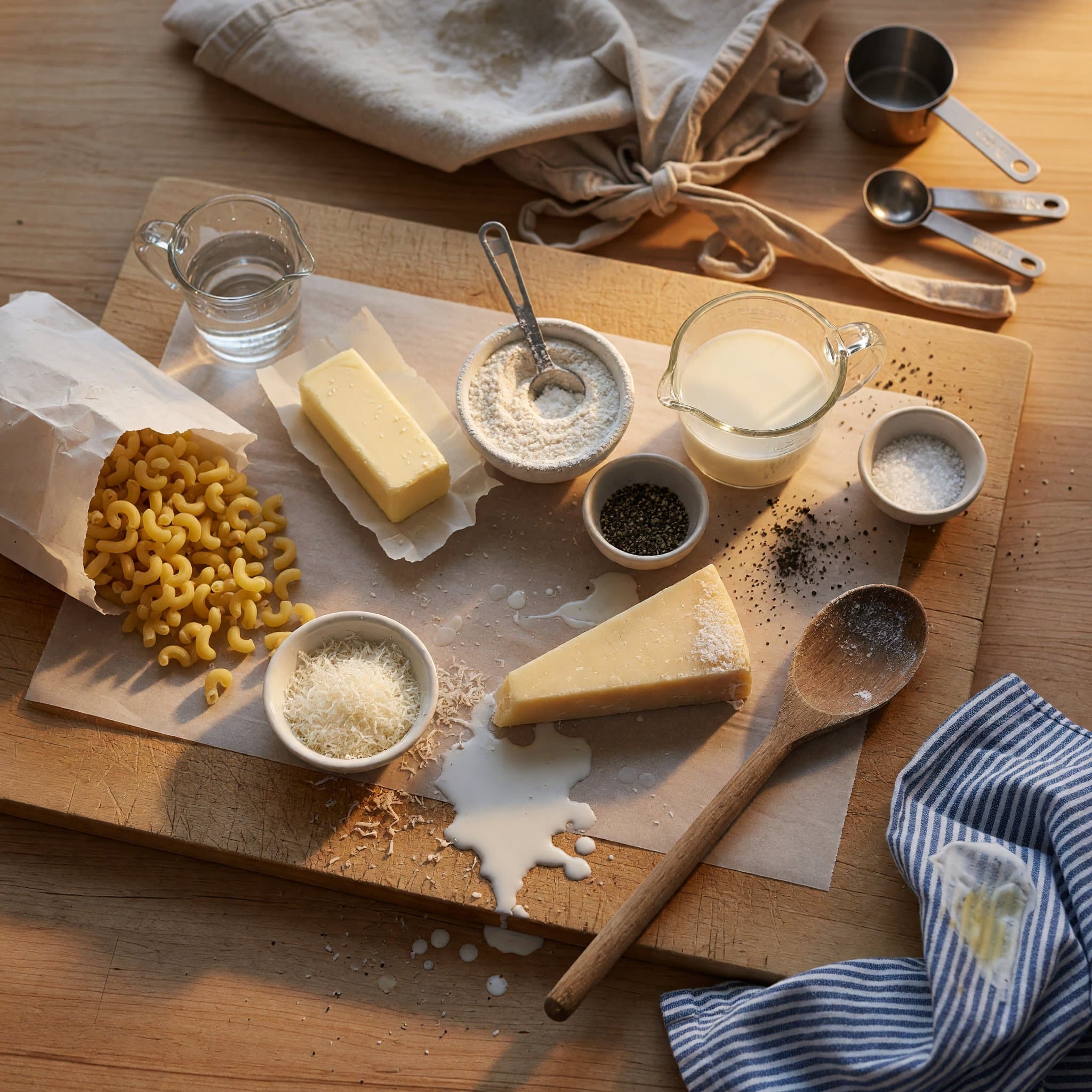 Overhead view of Elbow Pasta, Water, Butter, All-Purpose Flour, Whole Milk, Pecorino Romano Cheese, Black Pepper and Salt arranged on a table