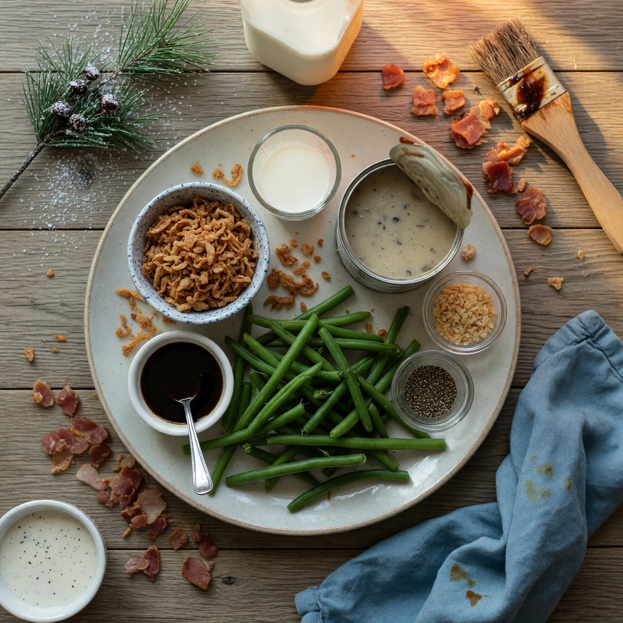 Overhead view of cream of mushroom soup, Milk, Soy Sauce, green beans and Crispy Onions arranged on a table