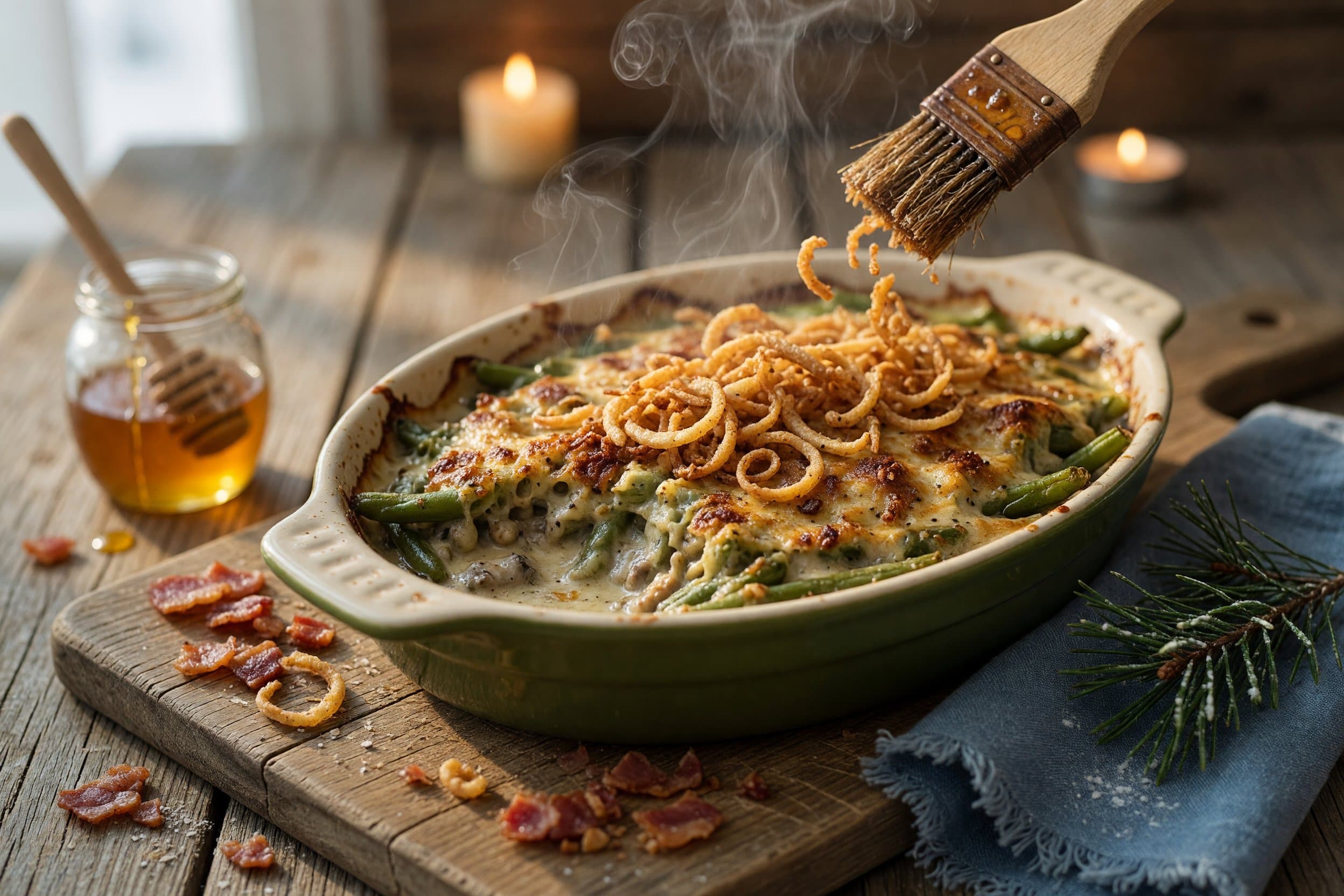Remove from the oven and top with your crispy onions and bake again for 10 minut while preparing Classic Green Bean Casserole