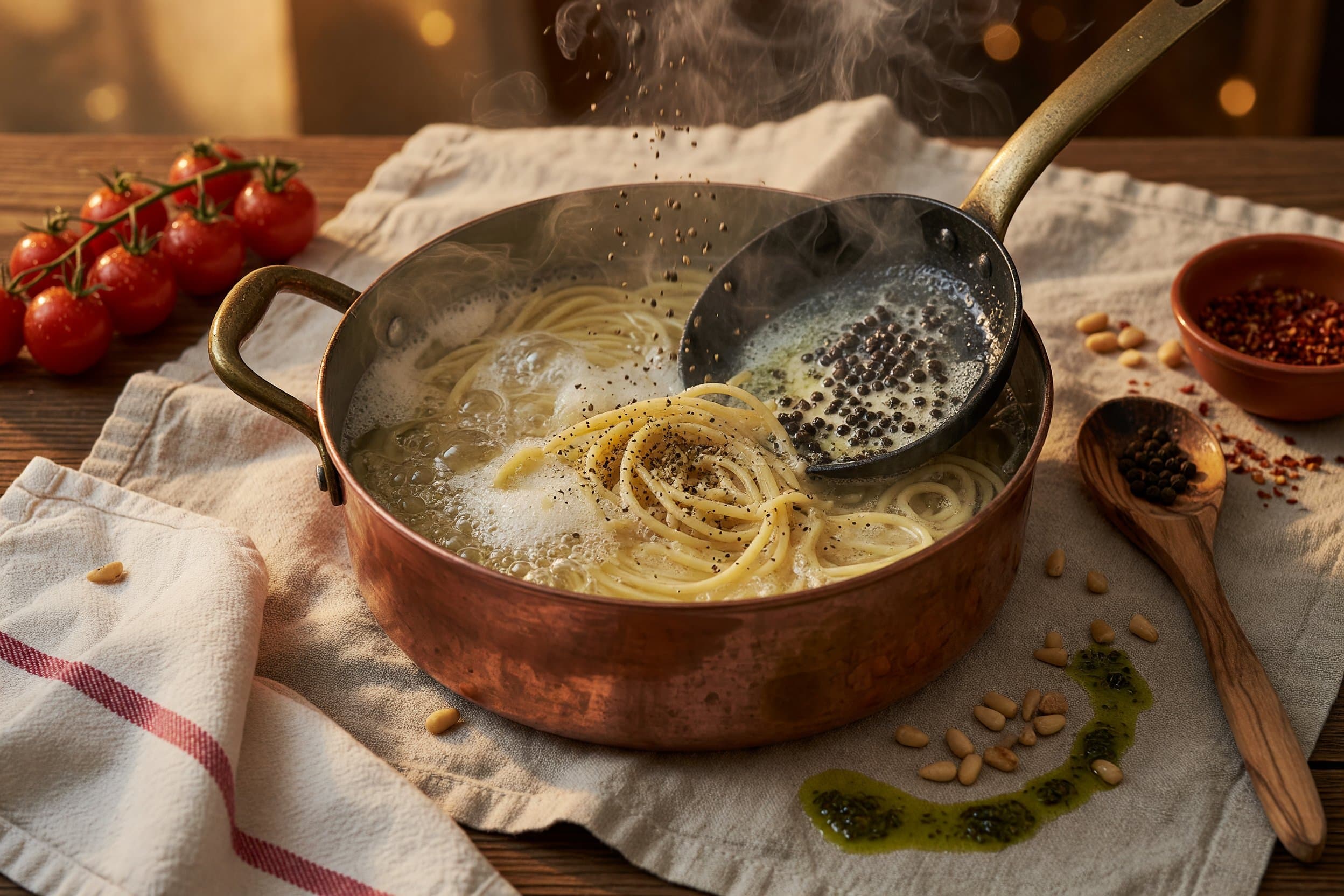 While the water boils and the pasta cooks add your peppercorns to a small pan an while preparing Caico E Pepe
