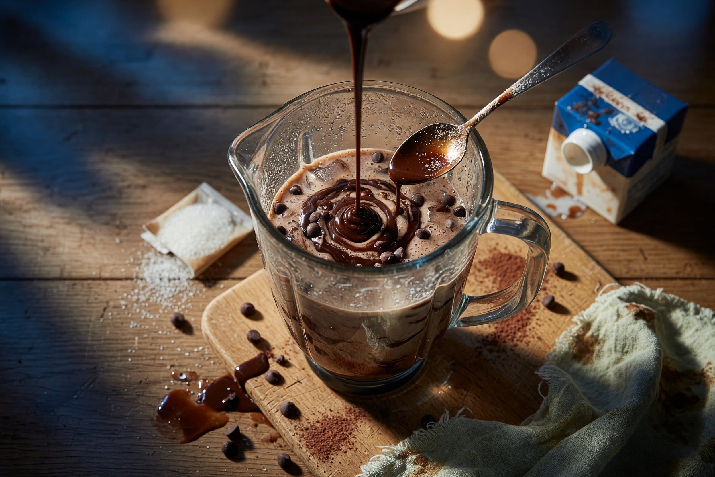 Stirring coffee, milk, chocolate syrup, sugar, and mini chocolate chips while preparing Mocha Frappuccino Recipe