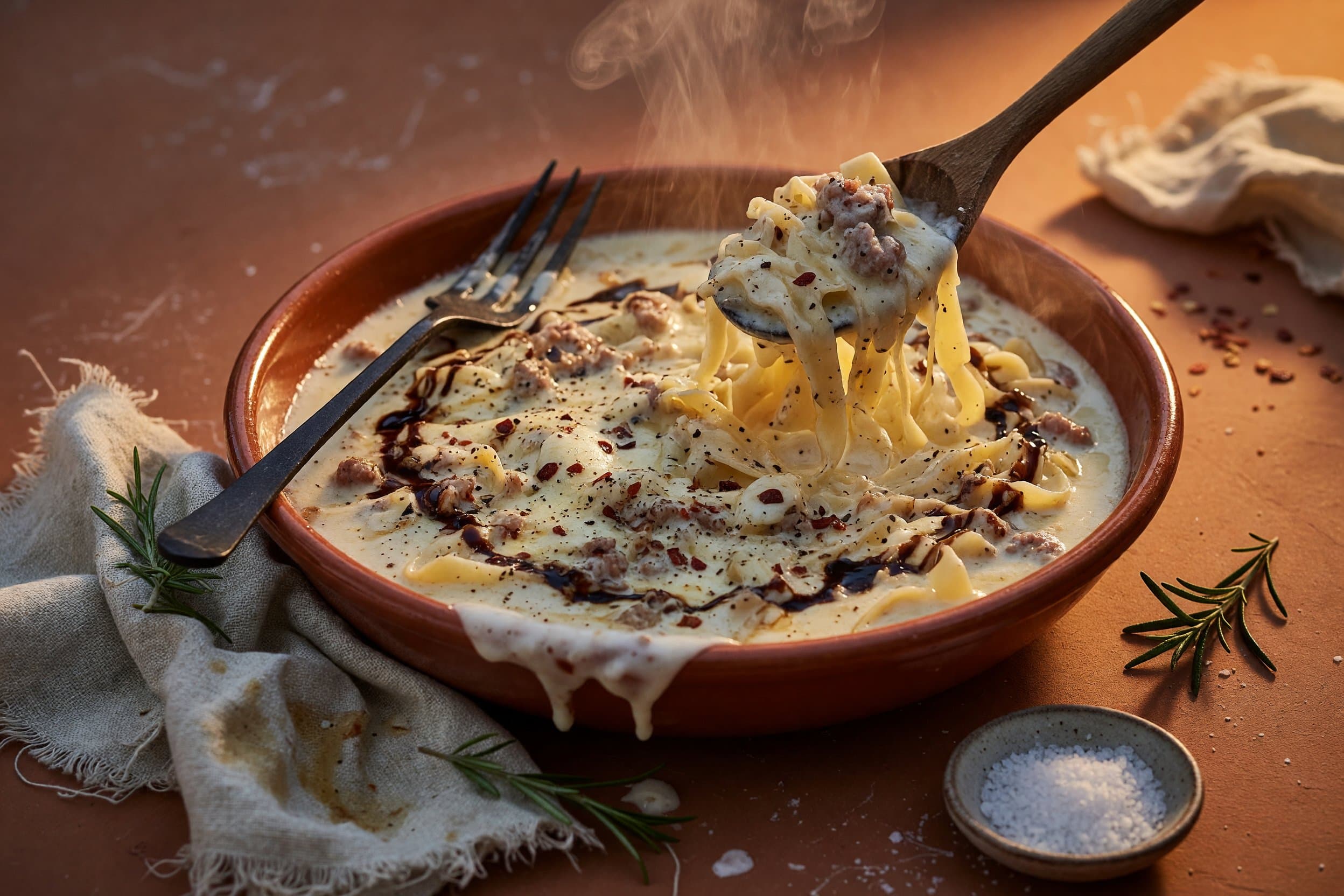Once the cream simmers add in your cheese, and pasta and mix well while preparing Pasta Alla Norcina