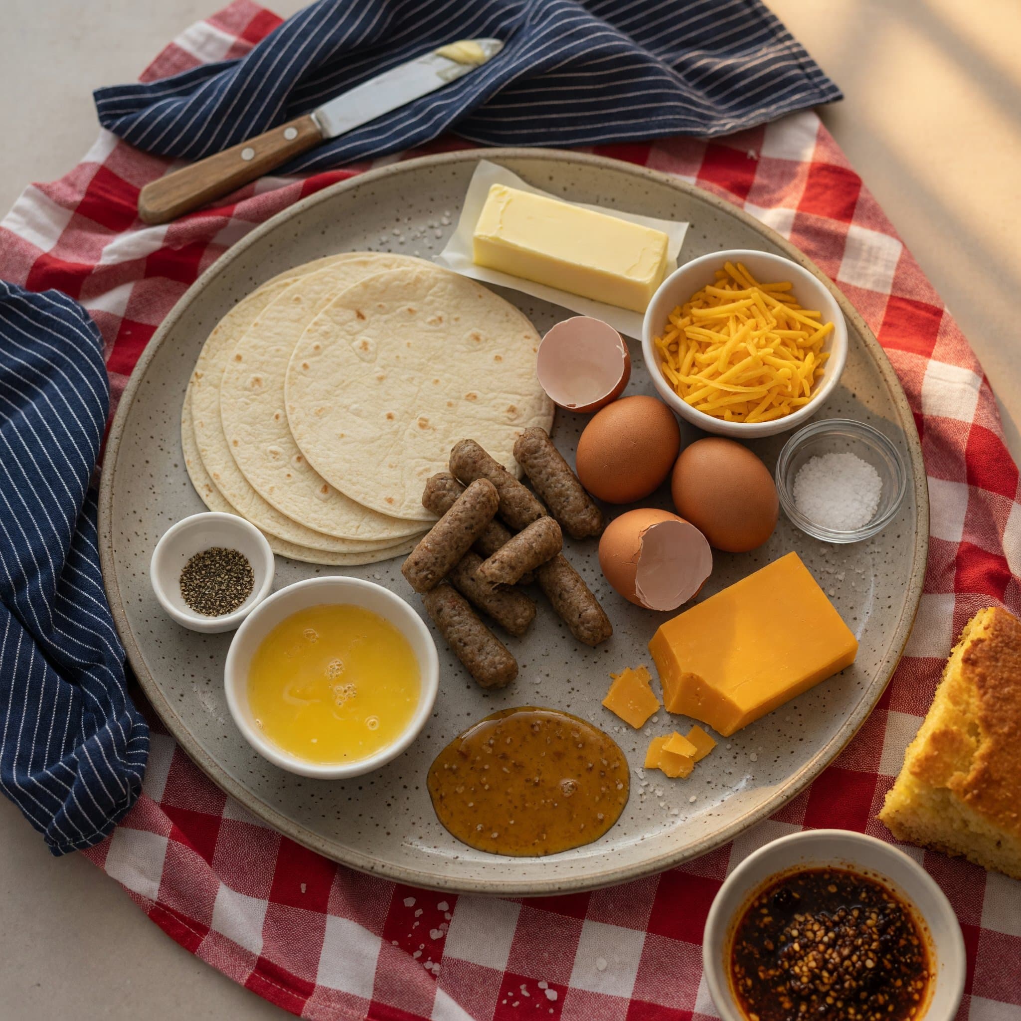 Overhead view of Flour Tortillas, Eggs, Sausage, Cheddar Cheese and Butter arranged on a table