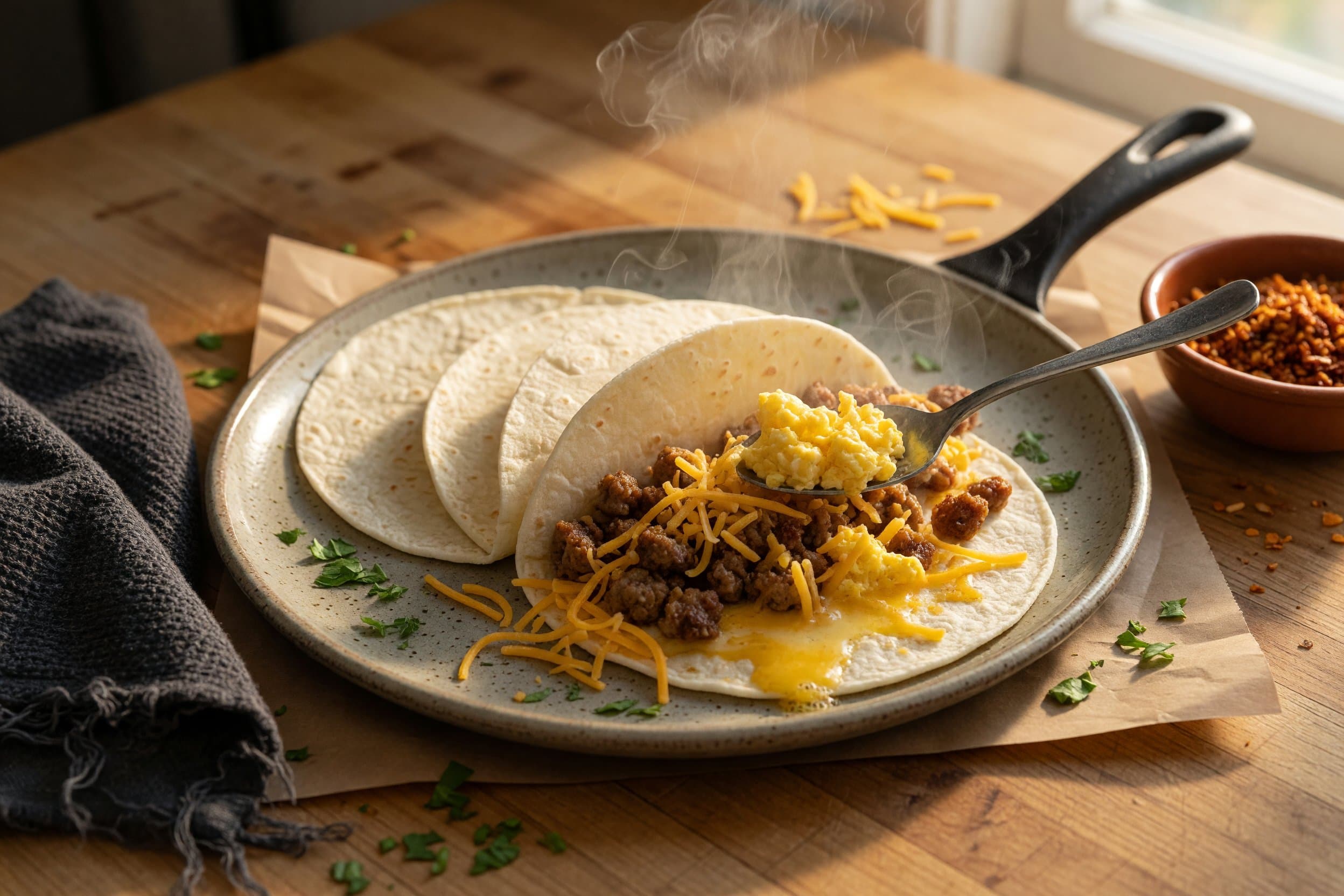 To your 8 flour tortillas add in some eggs, sausage and 1 cup cheddar cheese while preparing Breakfast Taquitos