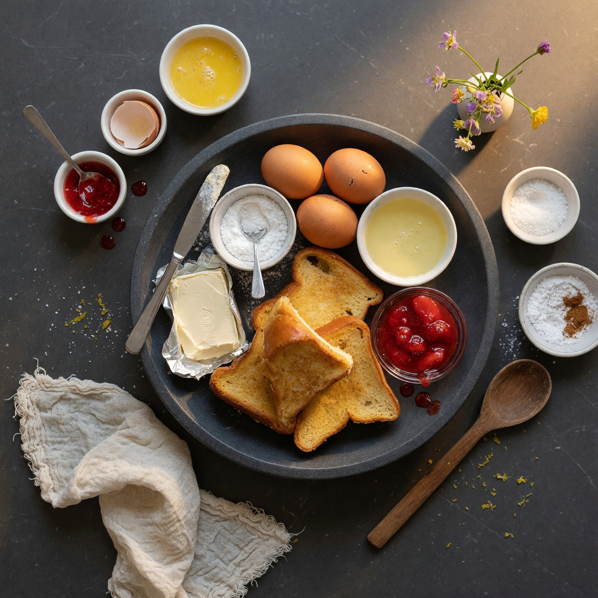 Overhead view of Brioche or Milk bread, Cream Cheese, Powdered Sugar, Strawberry Preservers, Eggs (Large) and Vegetable Oil arranged on a table