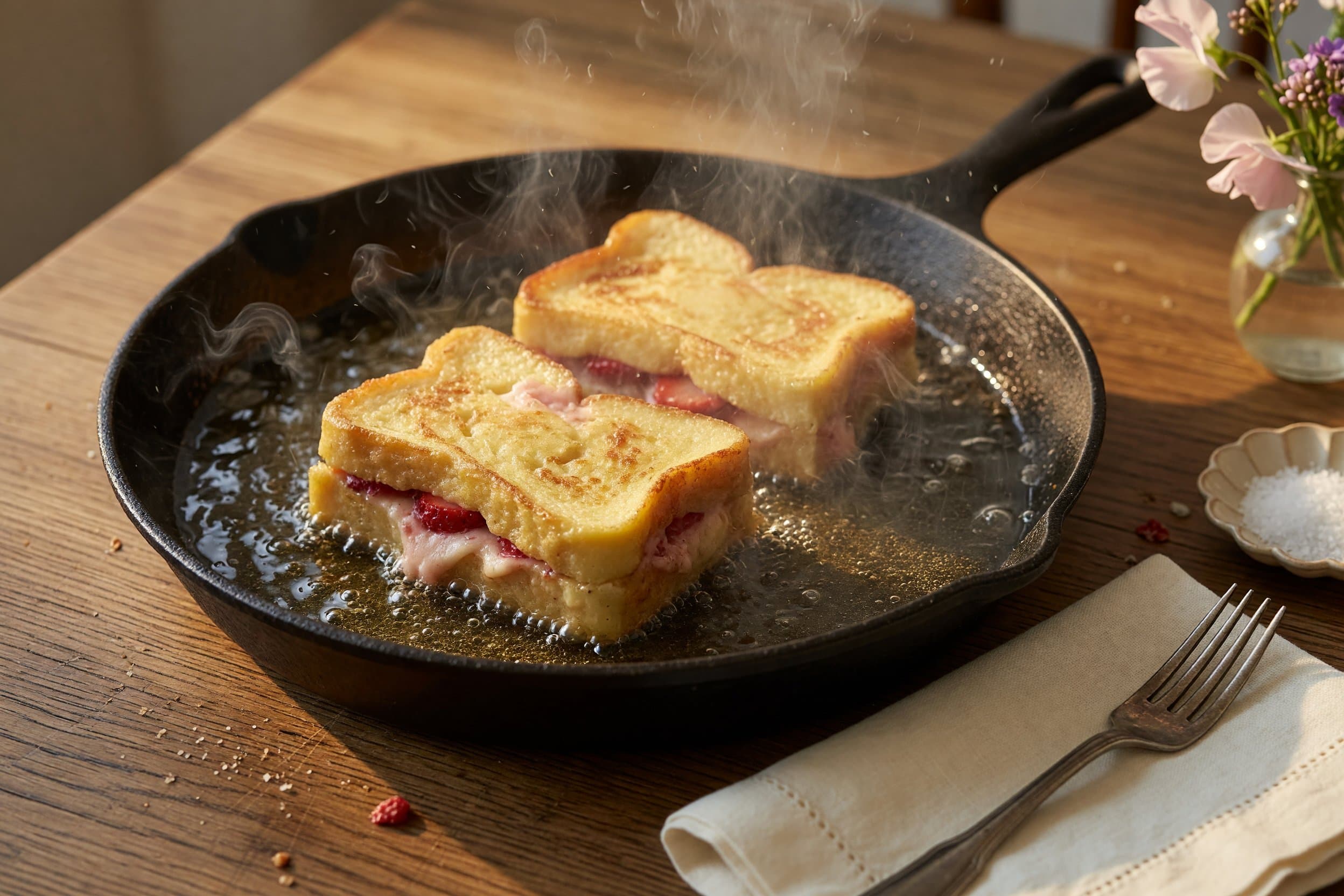 Get your oil to 350℉ and then fry your French toasts blocks one at a time until while preparing Strawberry Cheesecake Hong Kong French Toast