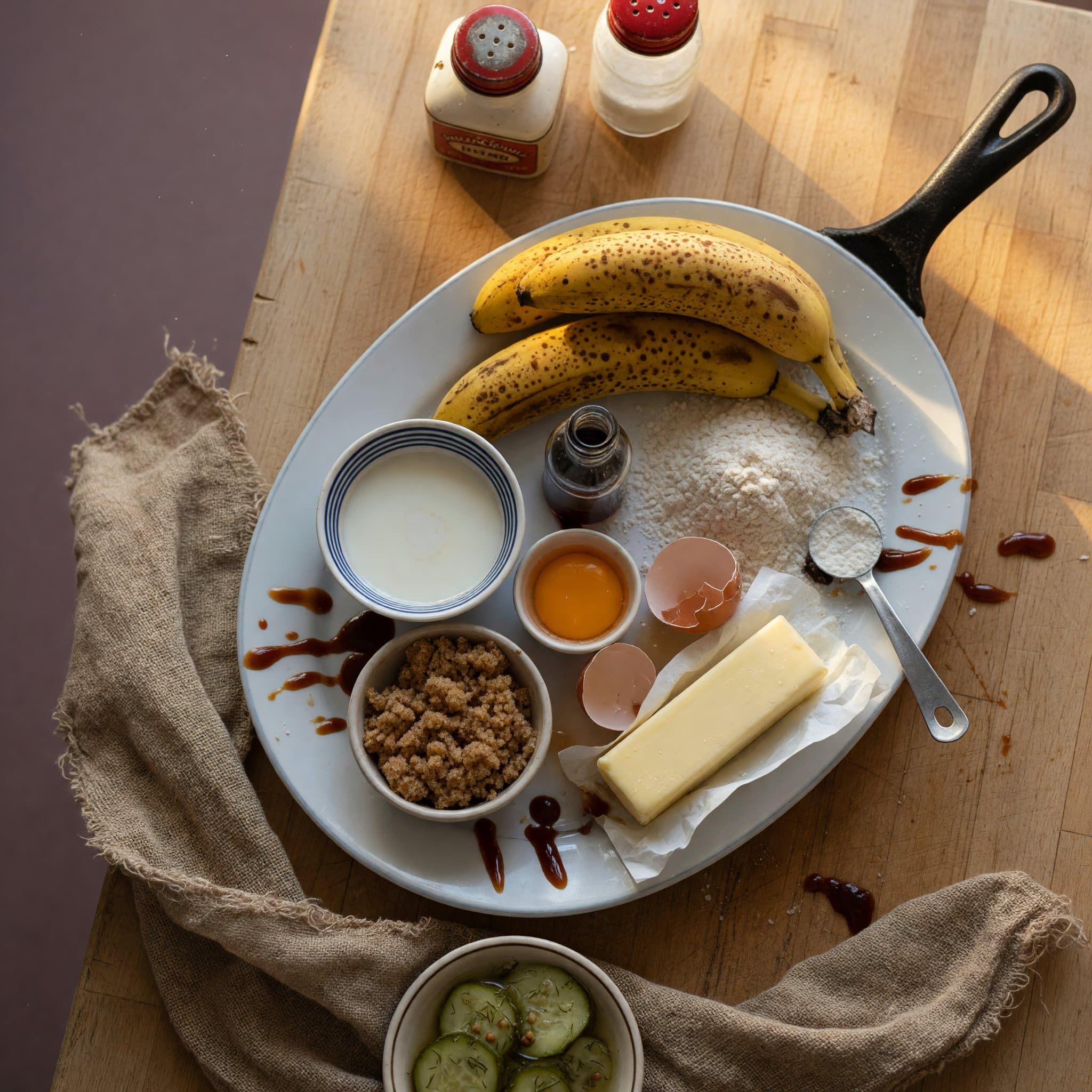 Overhead view of Bananas, All-Purpose Flour, Butter, baking powder, Egg, Vanilla Extract, Light Brown Sugar and Whole Milk arranged on a table