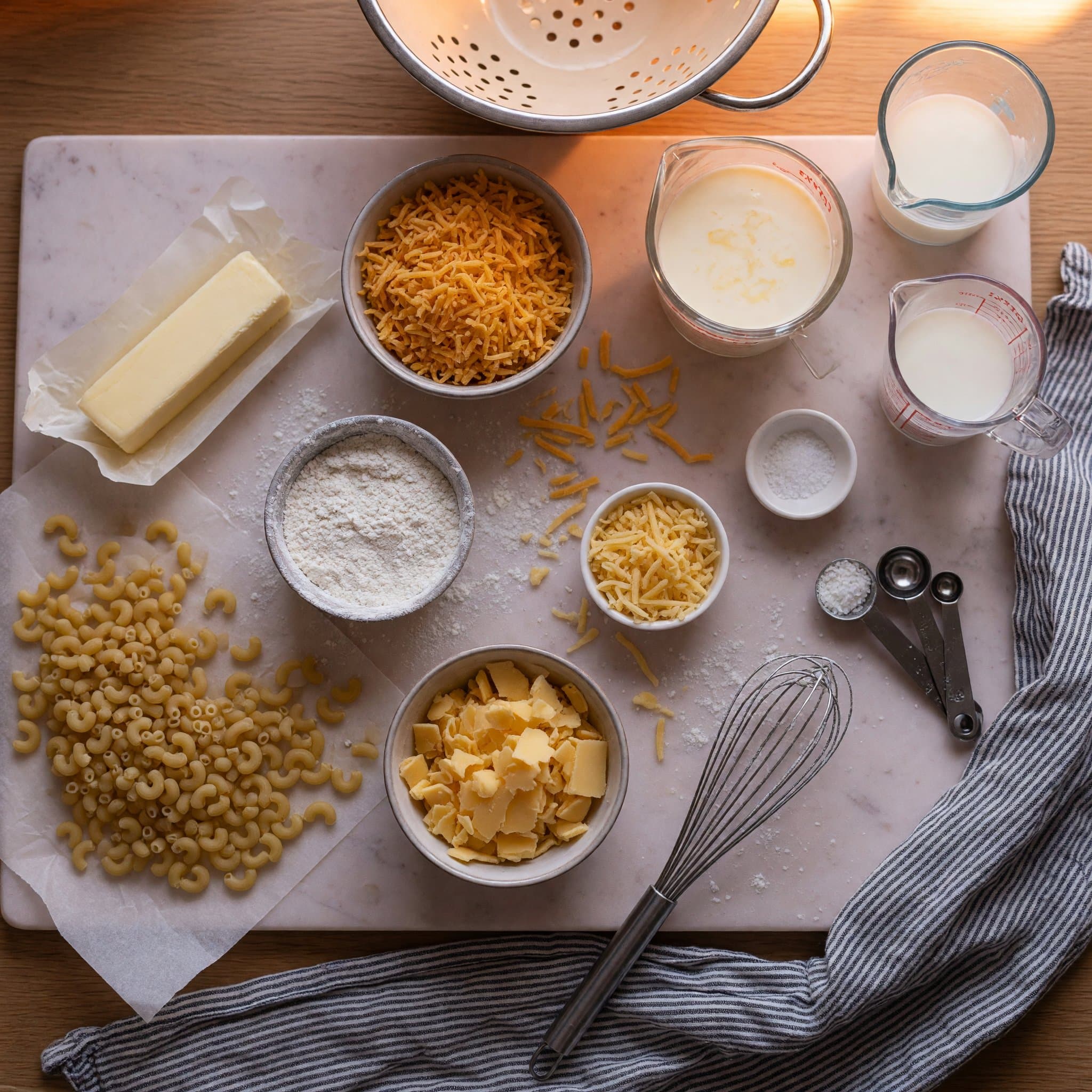 Overhead view of Macaroni Pasta, Unsalted Butter, All-Purpose Flour, Heavy Cream, % Milk, Smoked Gouda Cheese, American Cheese and Salt arranged on a table