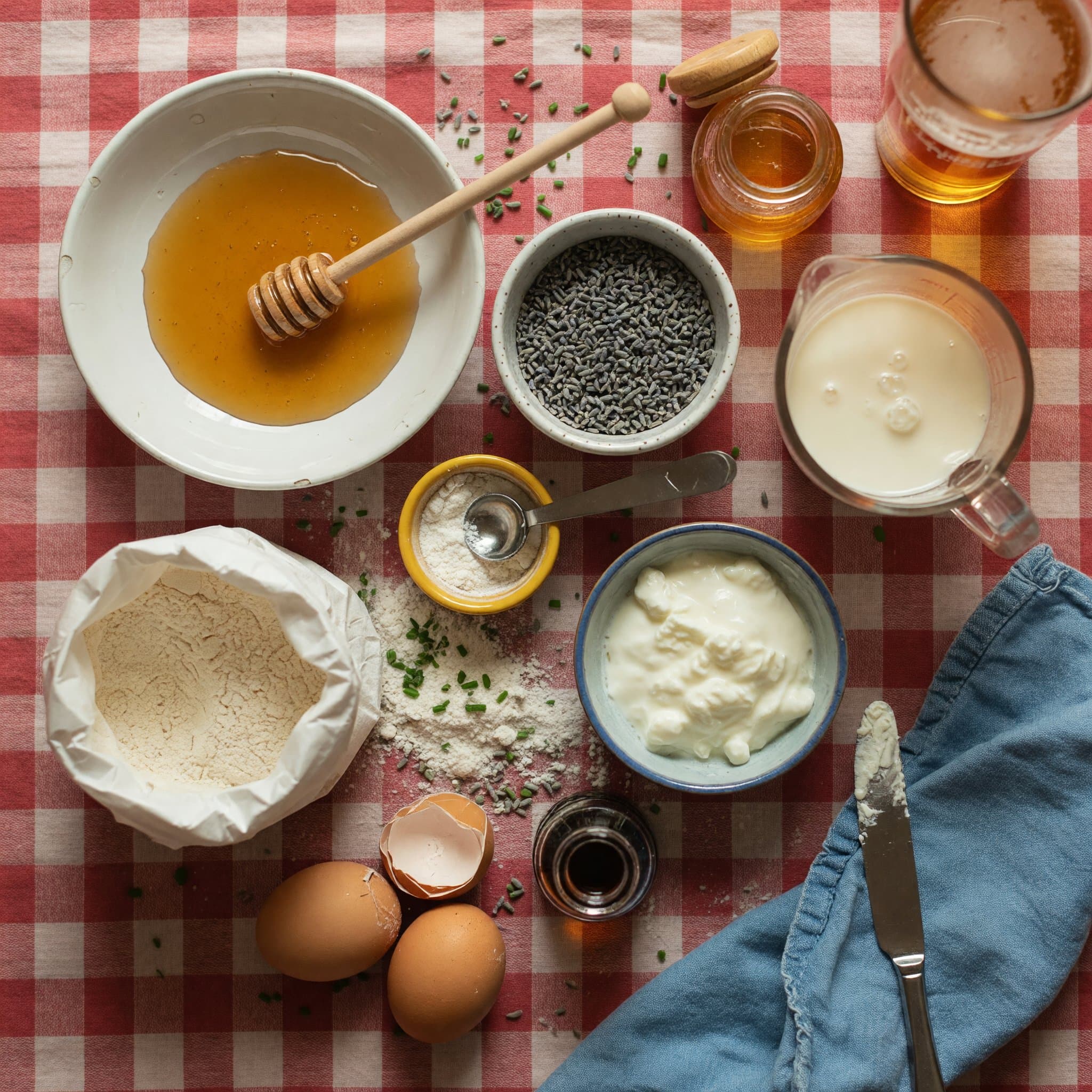 Overhead view of Honey, Lavender Flowers, Heavy Cream, Plain Greek Yogurt, Baking Powder, All-Purpose Flour, Vanilla Extract and eggs arranged on a table