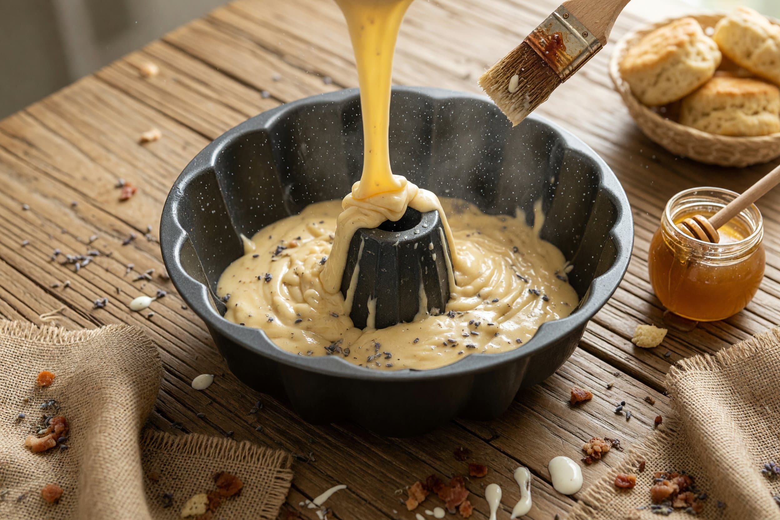 Spray a bundt pan with some none stick cooking spray then add your batter to the while preparing Honey Lavender Bundt Cake