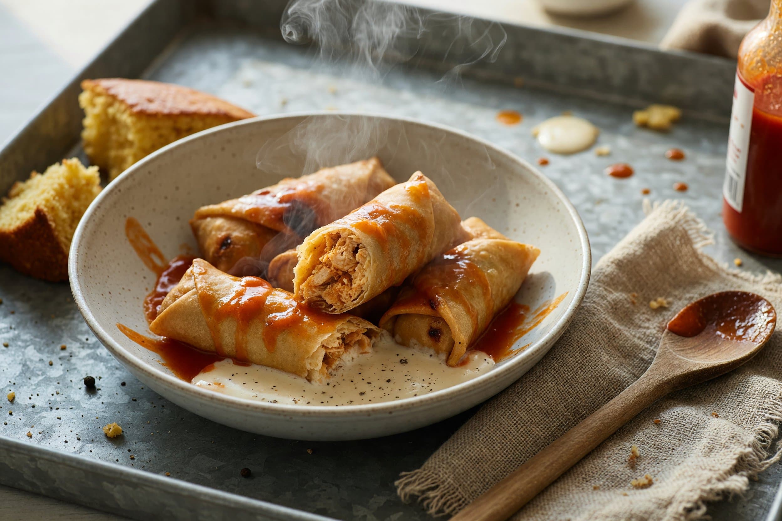 Bake for 20 minutes total while preparing Buffalo Chicken Egg Rolls