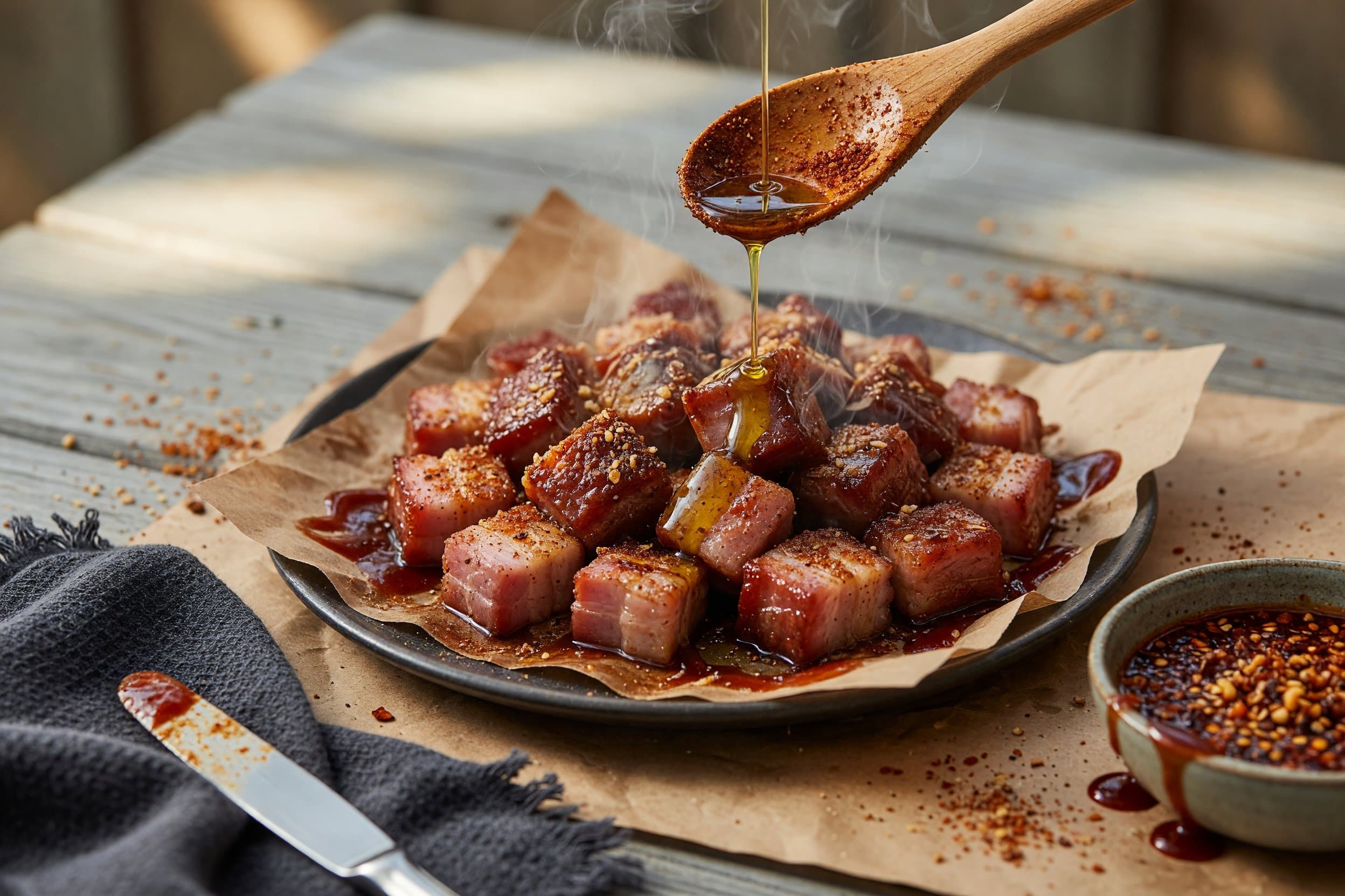 Rub the meat with a drizzle of olive oil, then combine the rub ingredients and s while preparing Smoked Pork Belly Burnt Ends