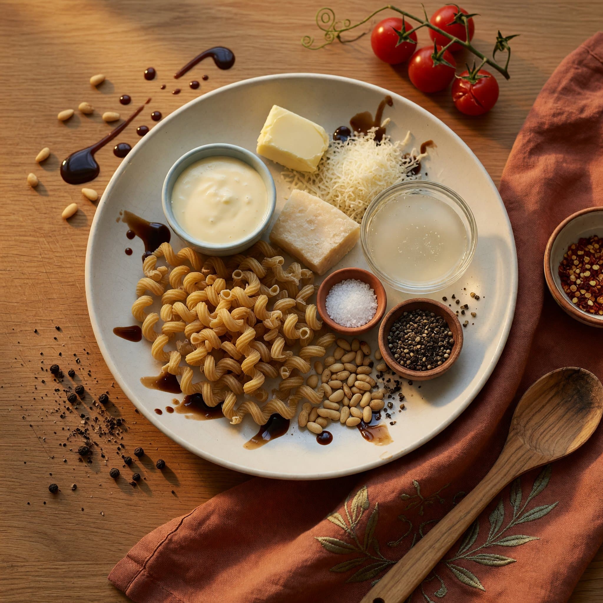 Overhead view of Black Pepper, heavy cream, parmesan cheese (freshly grated ), Butter, cavatappi pasta (or any pasta), Pasta Water and Salt arranged on a table