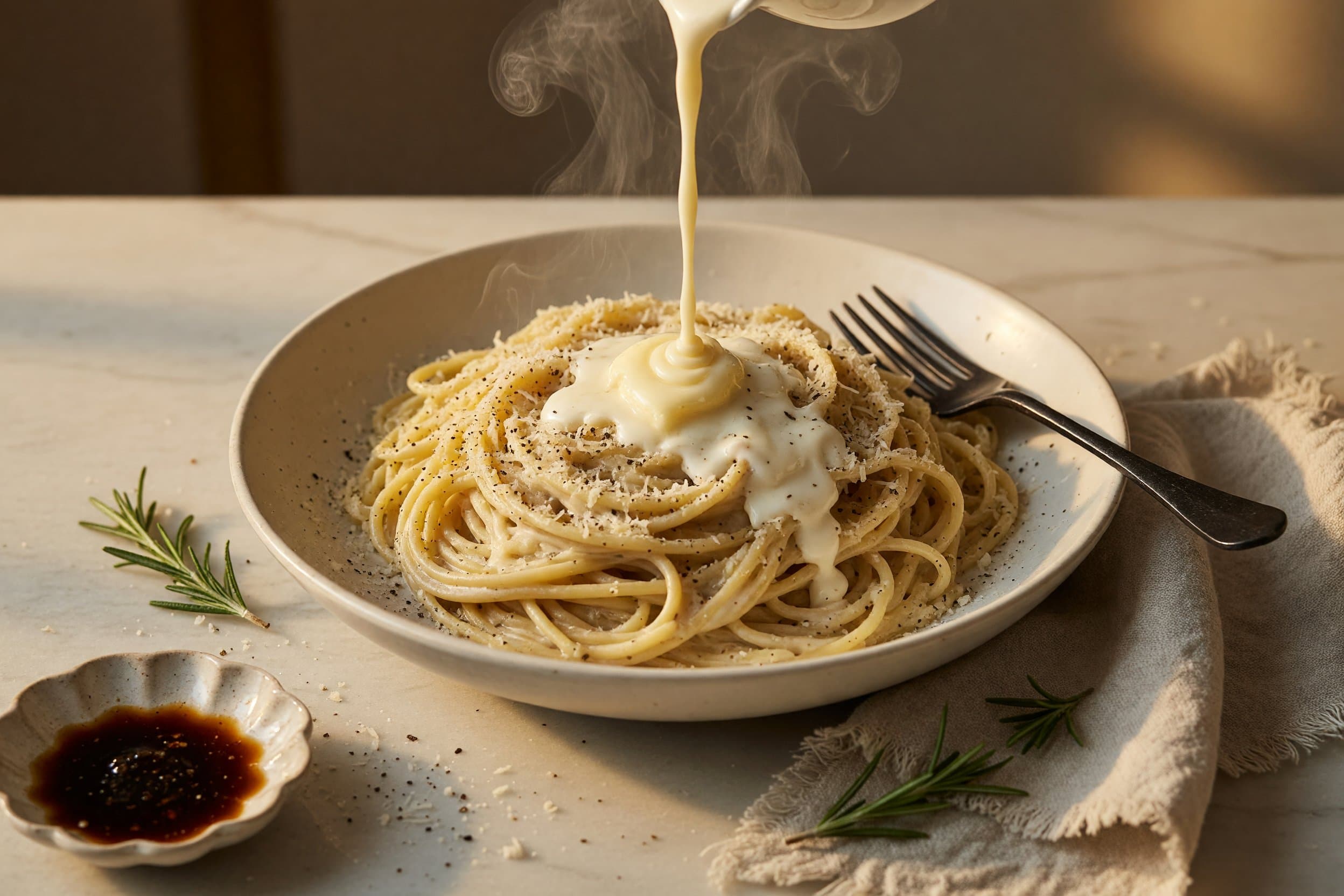 Mix in your heavy cream, parmesan cheese and butter while preparing Creamy Cacio e Pepe