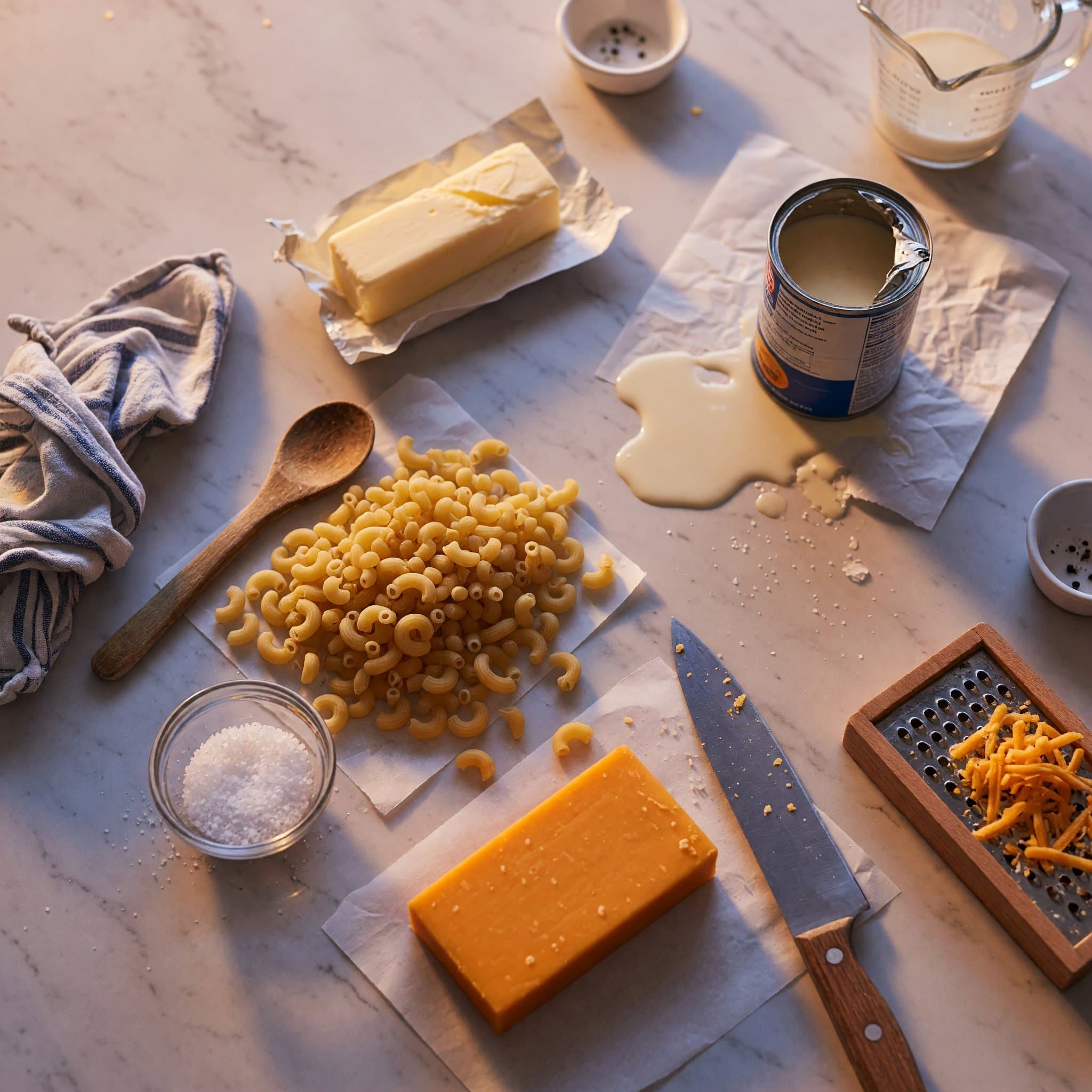Overhead view of Elbow Macaroni, Salt, Evaporated Milk, Sharp Cheddar Cheese and Butter arranged on a table