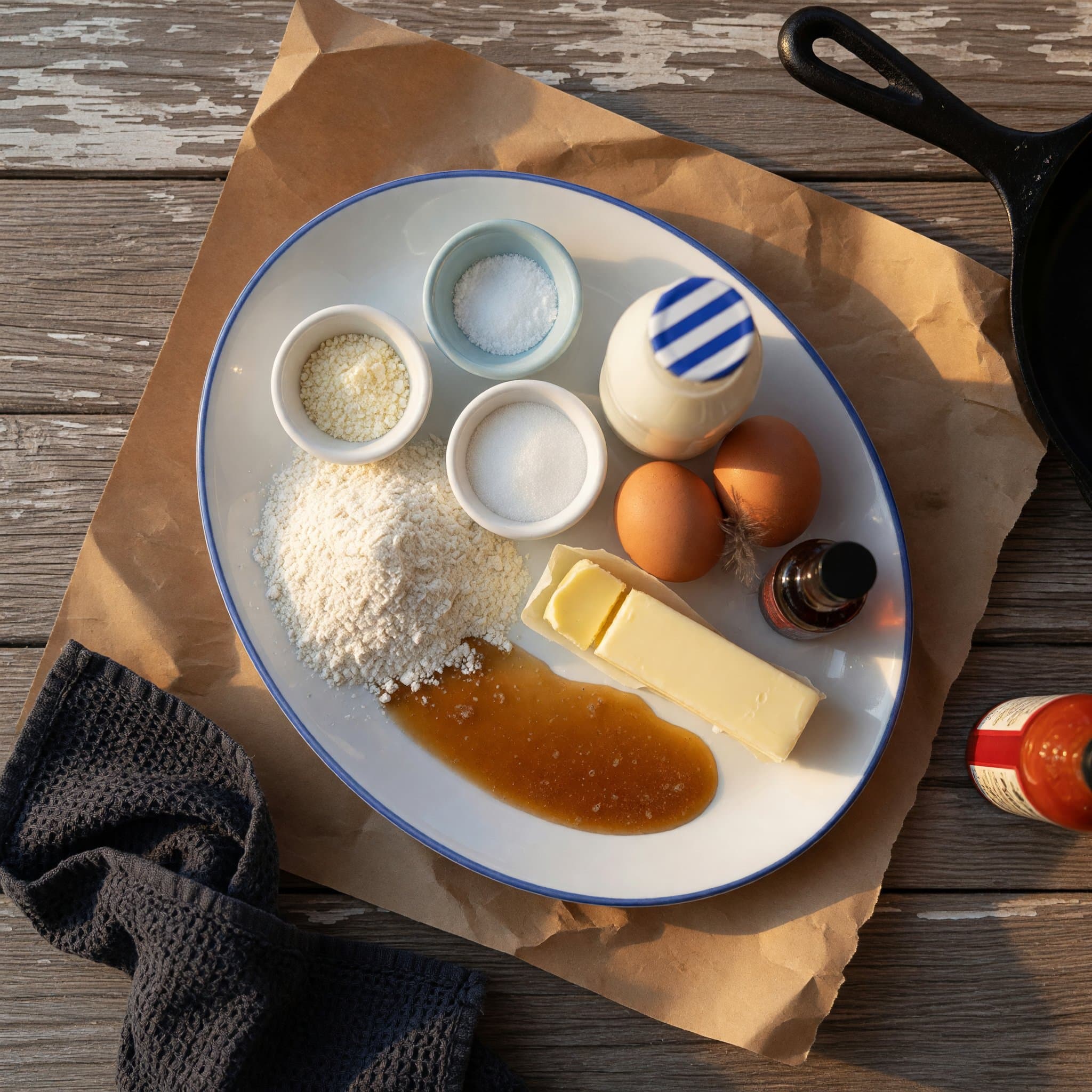 Overhead view of All-Purpose Flour, Baking Powder, Salt, Granulated Sugar, Butter, Milk, eggs and Vanilla Extract arranged on a table