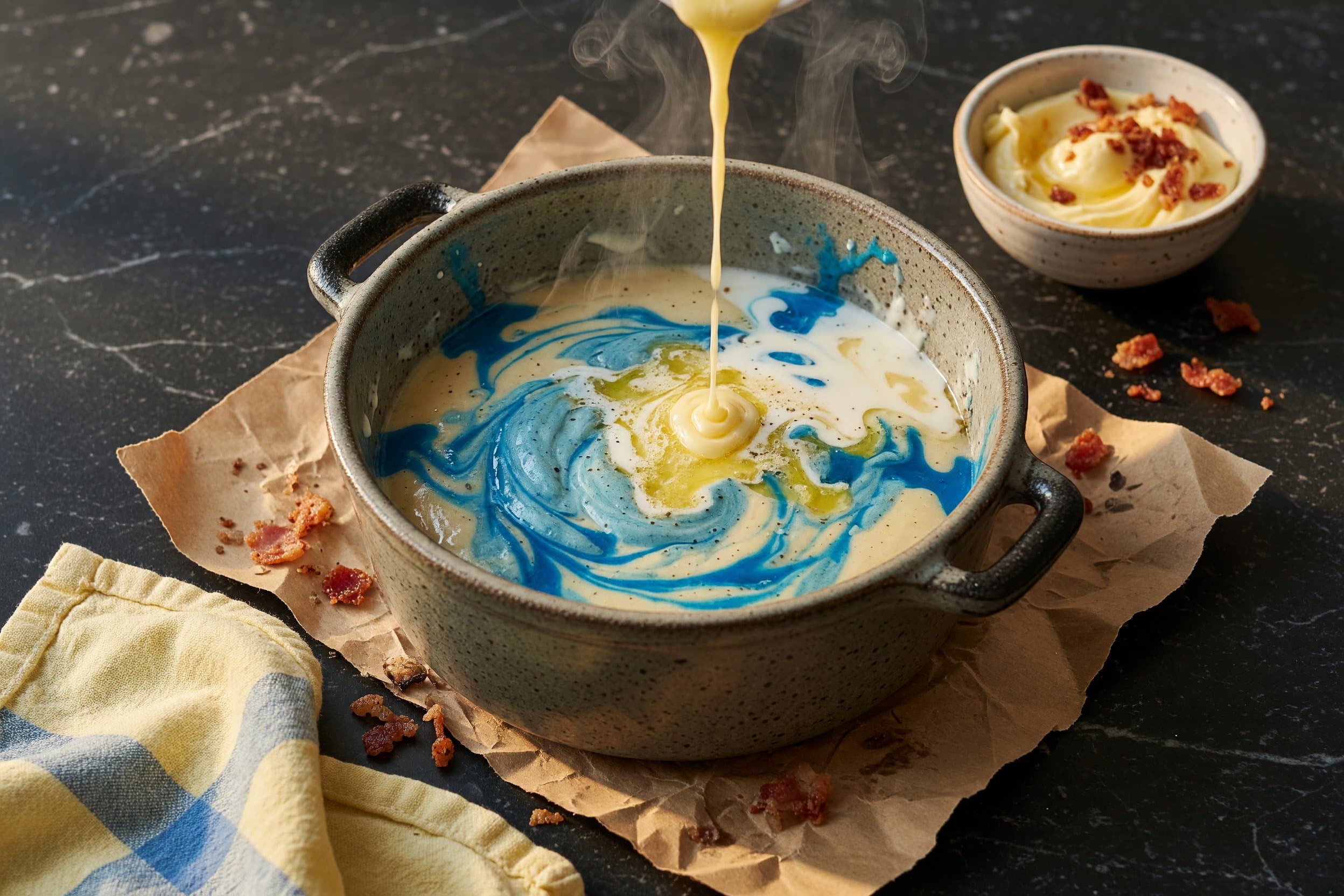 To your flour mixture add your melted butter, milk, vanilla extract and food gel while preparing Blue Waffle