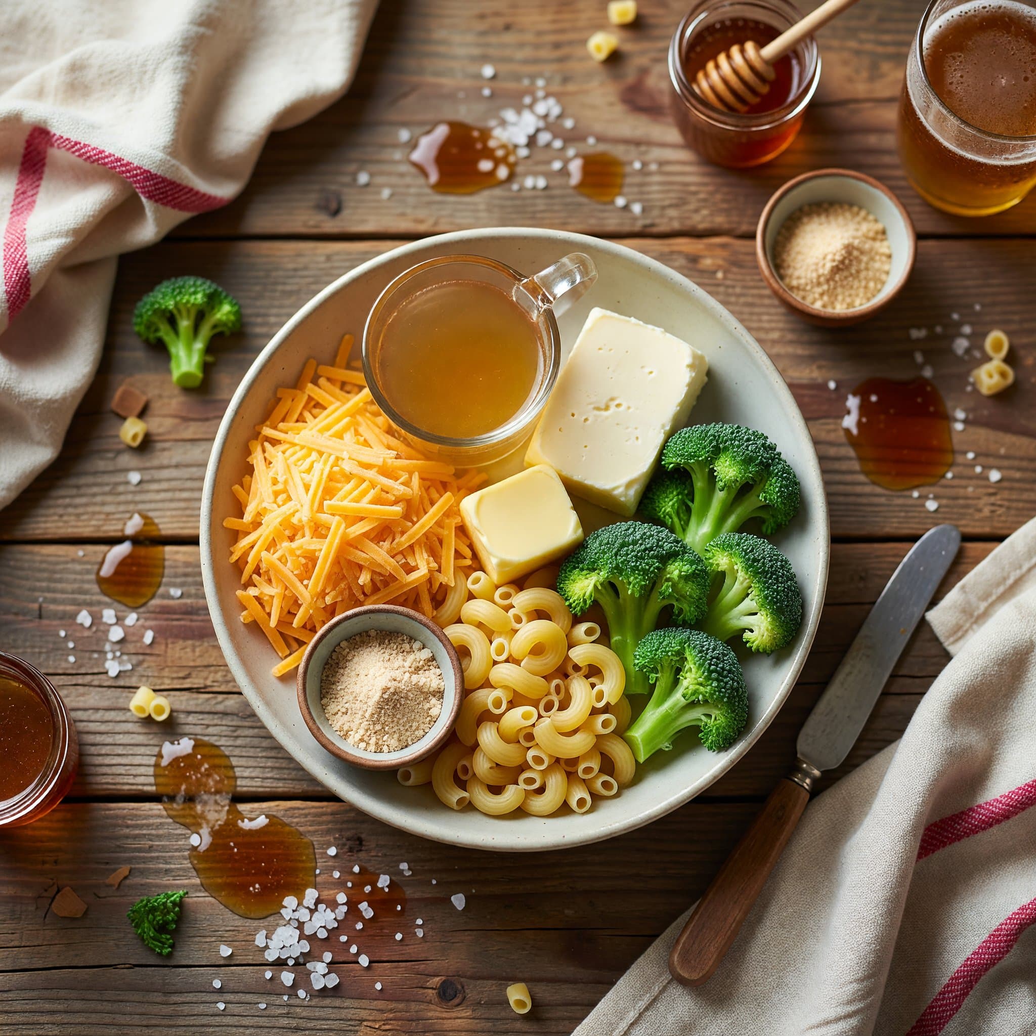 Overhead view of Cheddar Cheese, Chicken Stock, Cream Cheese, Butter, Broccoli Florets, Pasta, Garlic Powder and Onion Powder arranged on a table