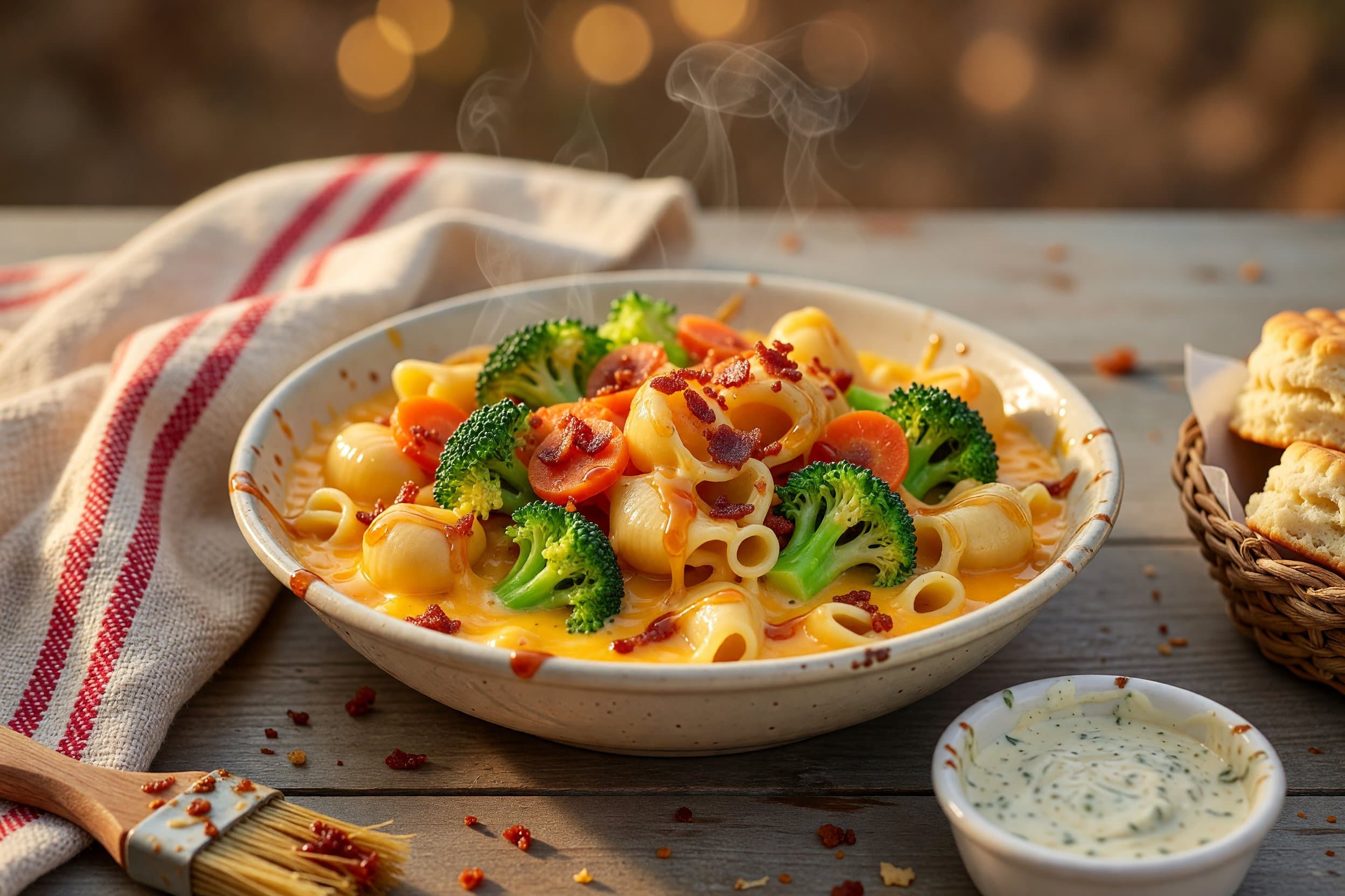 Add in your pasta shells, broccoli florets, and carrots and mix well while preparing Broccoli Cheddar Mac & Cheese