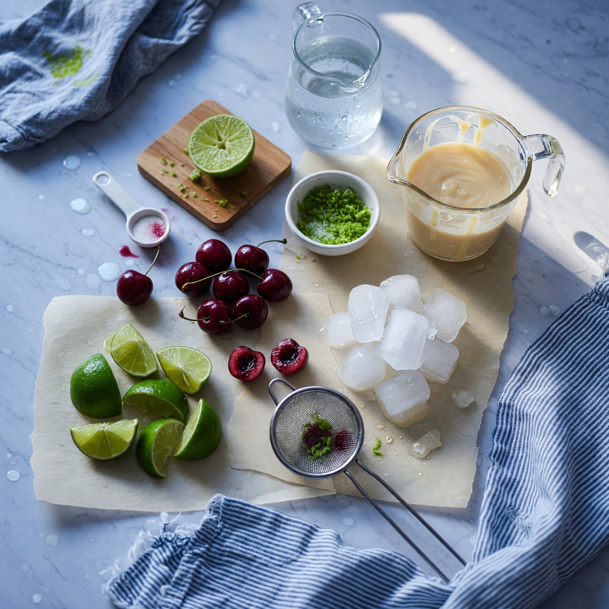 Overhead view of Fresh Limes, Fresh Or Frozen Cherries, Sweetened Condensed Milk, Cold Water and Ice Cubes arranged on a table