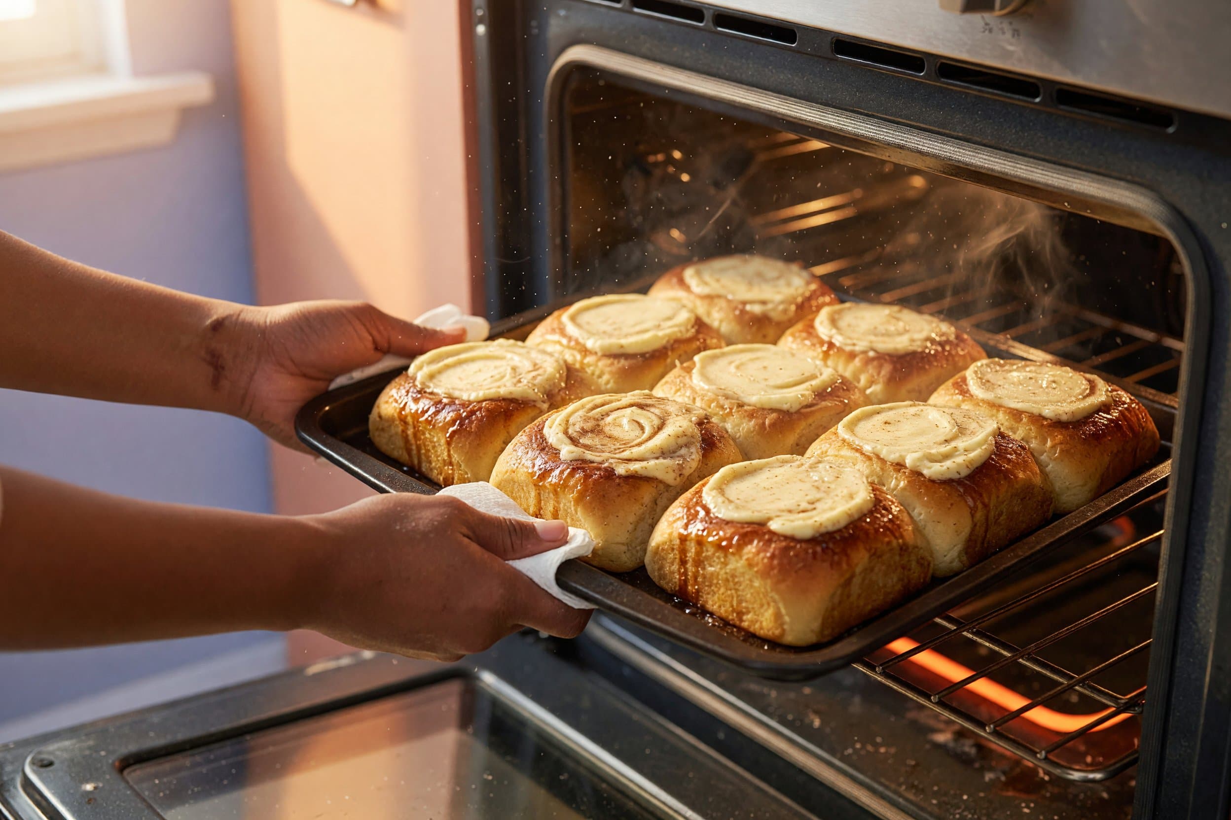 Baking Hawaiian rolls while preparing King's Hawaiian Cheesecake Danish