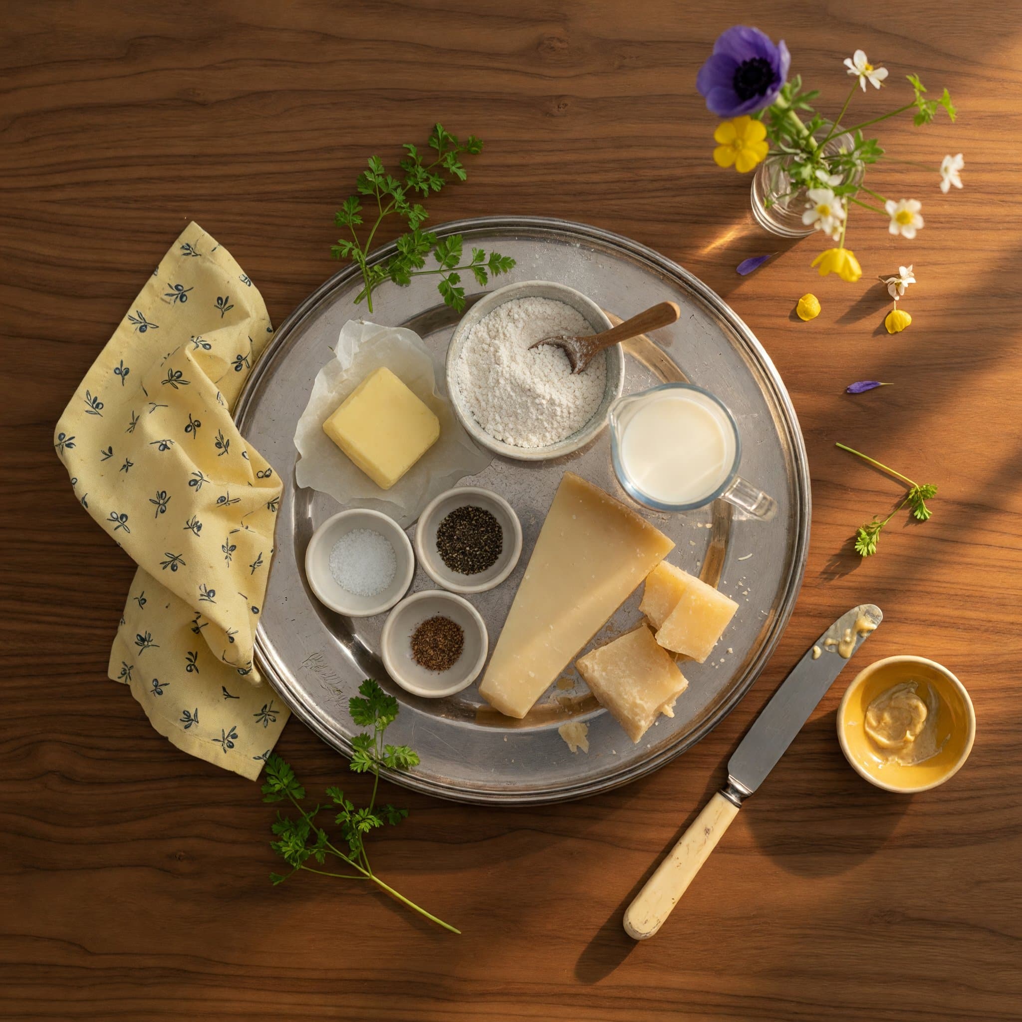 Overhead view of Butter, All-Purpose Flour, Milk, Salt, Black Pepper, Nutmeg, Gruyère Cheese and Parmesan Cheese arranged on a table