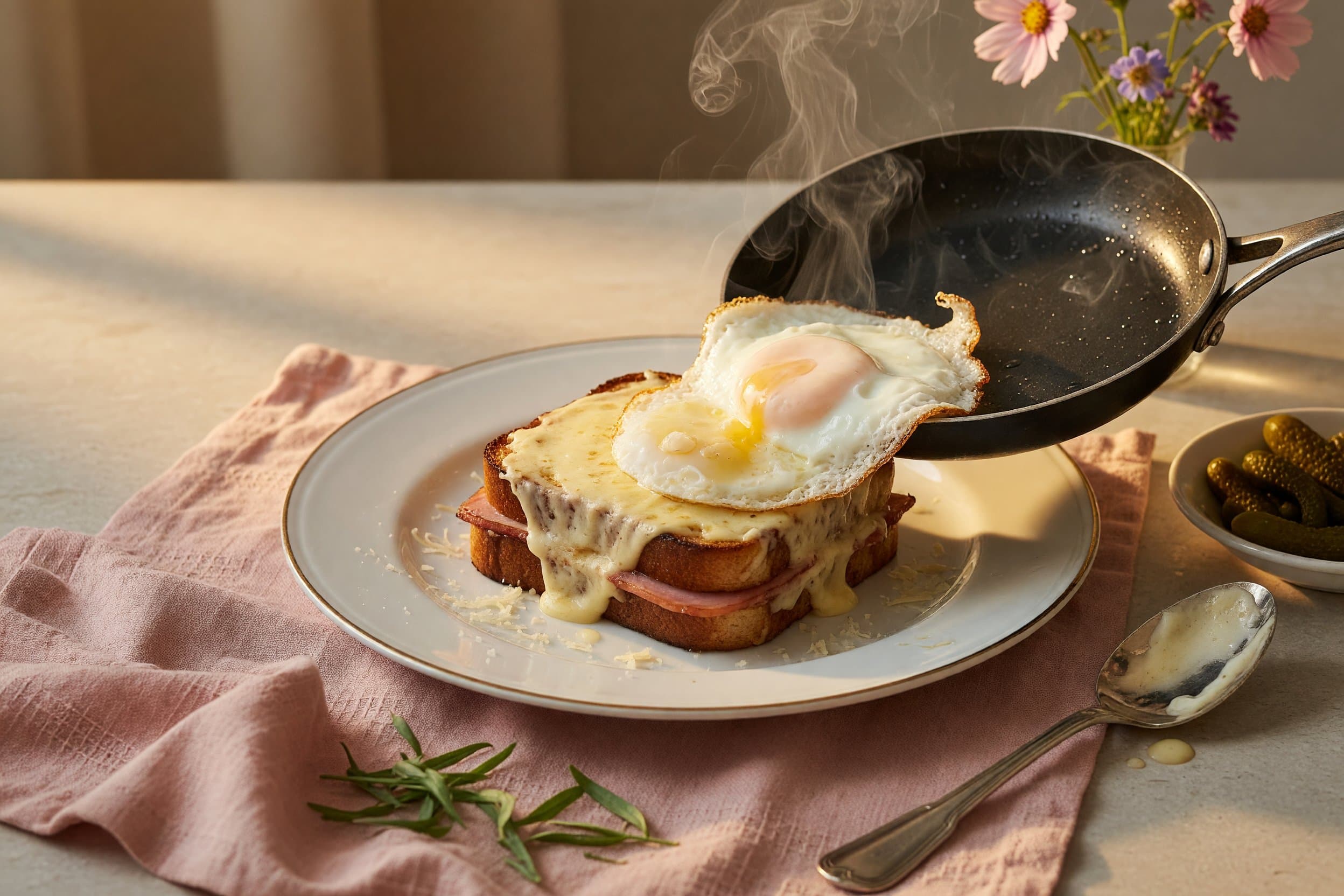 Fry an egg in a none stick pan and place it on top and enjoy! while preparing Croque Madame