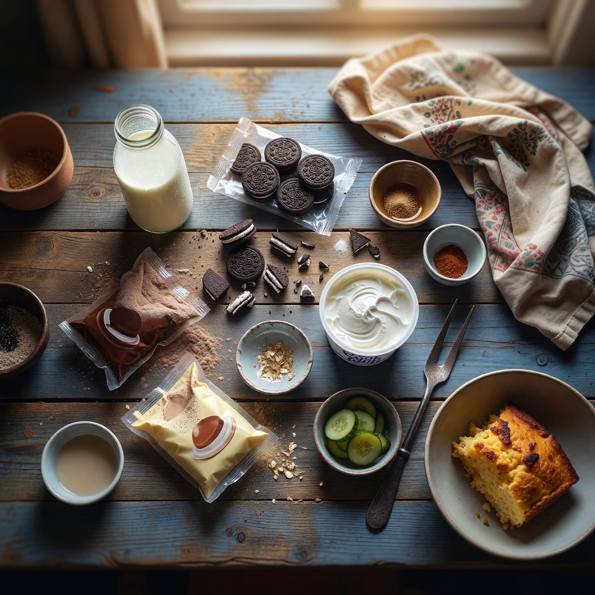 Overhead view of Milk, Oreos, Chocolate Pudding Mix, Vanilla Pudding Mix, Cool Whip and Gold arranged on a table