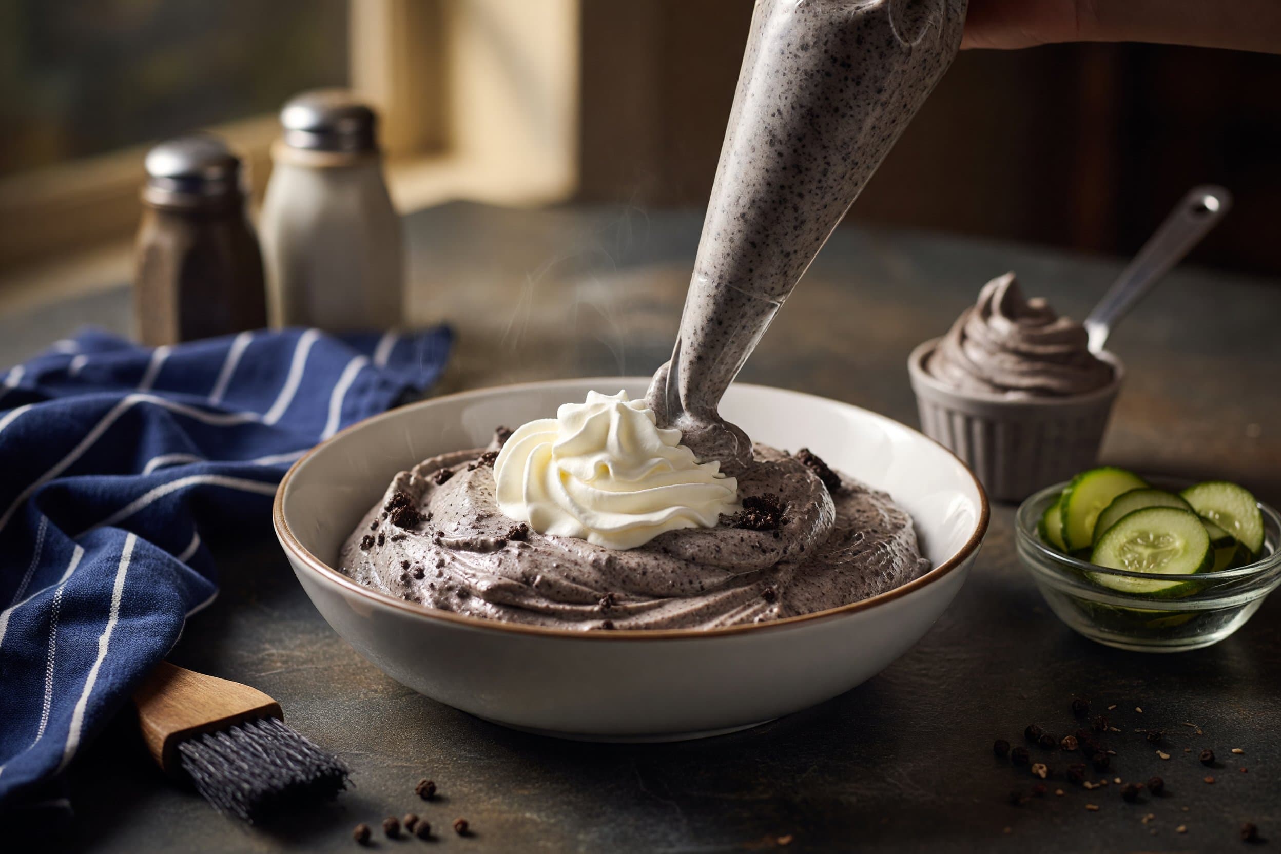 Fold in your cool whip and then transfer to a piping bag and pipe into a cup while preparing Disney's Grey Stuff