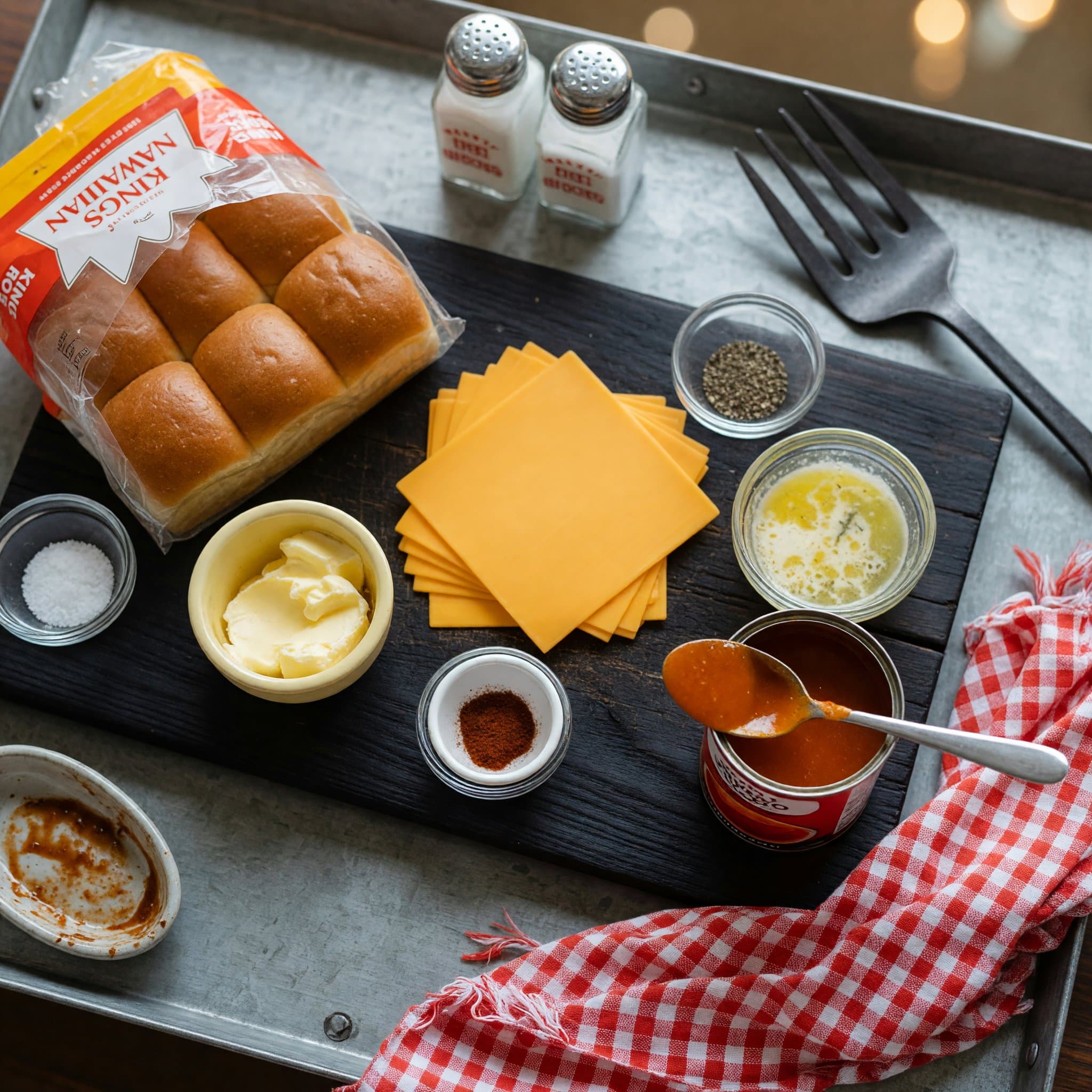 Overhead view of Kings Hawaiian Rolls, Cheese (American), Butter (Softened) and Tomato Soup arranged on a table