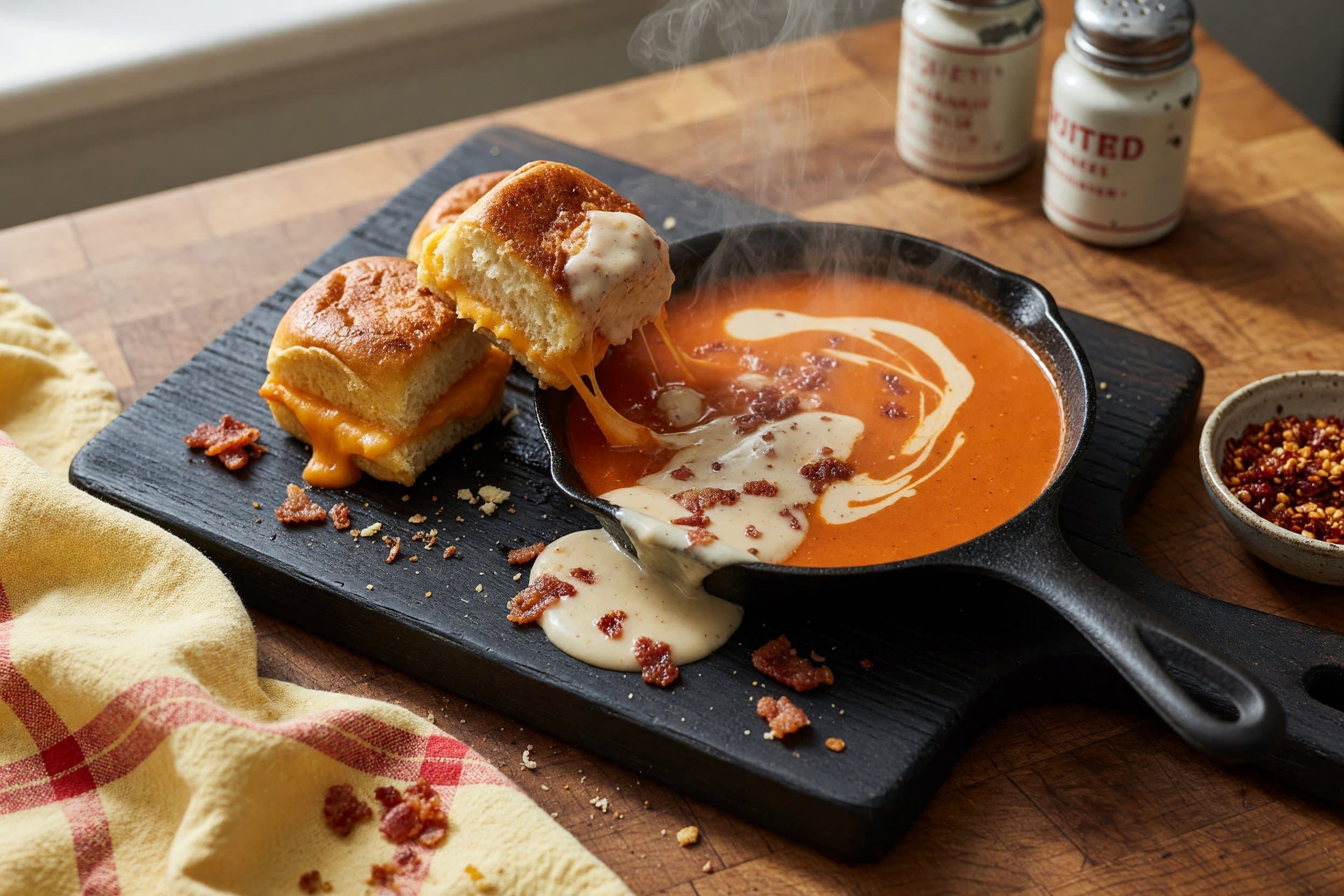 Lastly warm up your soup in the microwave OR stove top and use it to dunk your m while preparing Bite Sized Grilled Cheese