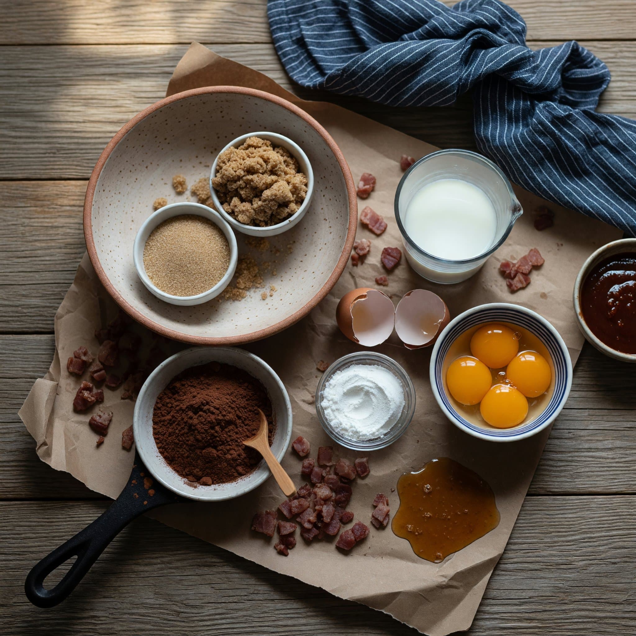 Overhead view of Light Brown Sugar, Granulated Sugar, Cocoa Powder, Whole Milk, Cornstarch, Egg Yolks and Whipped Cream arranged on a table