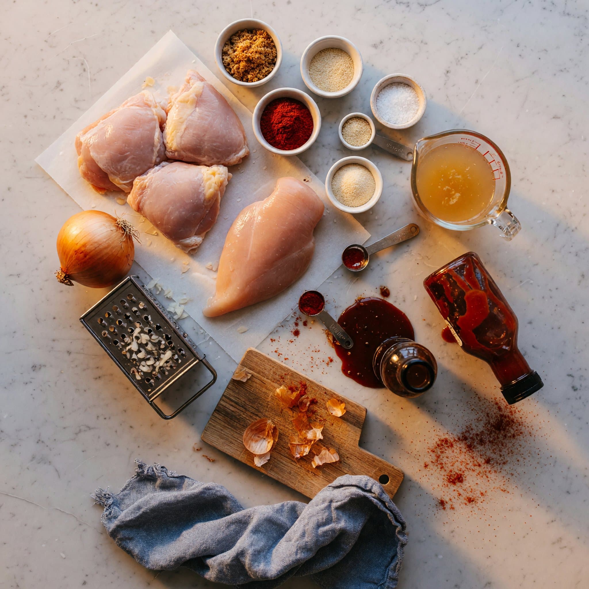 Overhead view of Chicken Stock, Chicken Thighs, Chicken Breast, Onion Powder, Garlic Powder, Paprika, Salt and Bbq Sauce arranged on a table