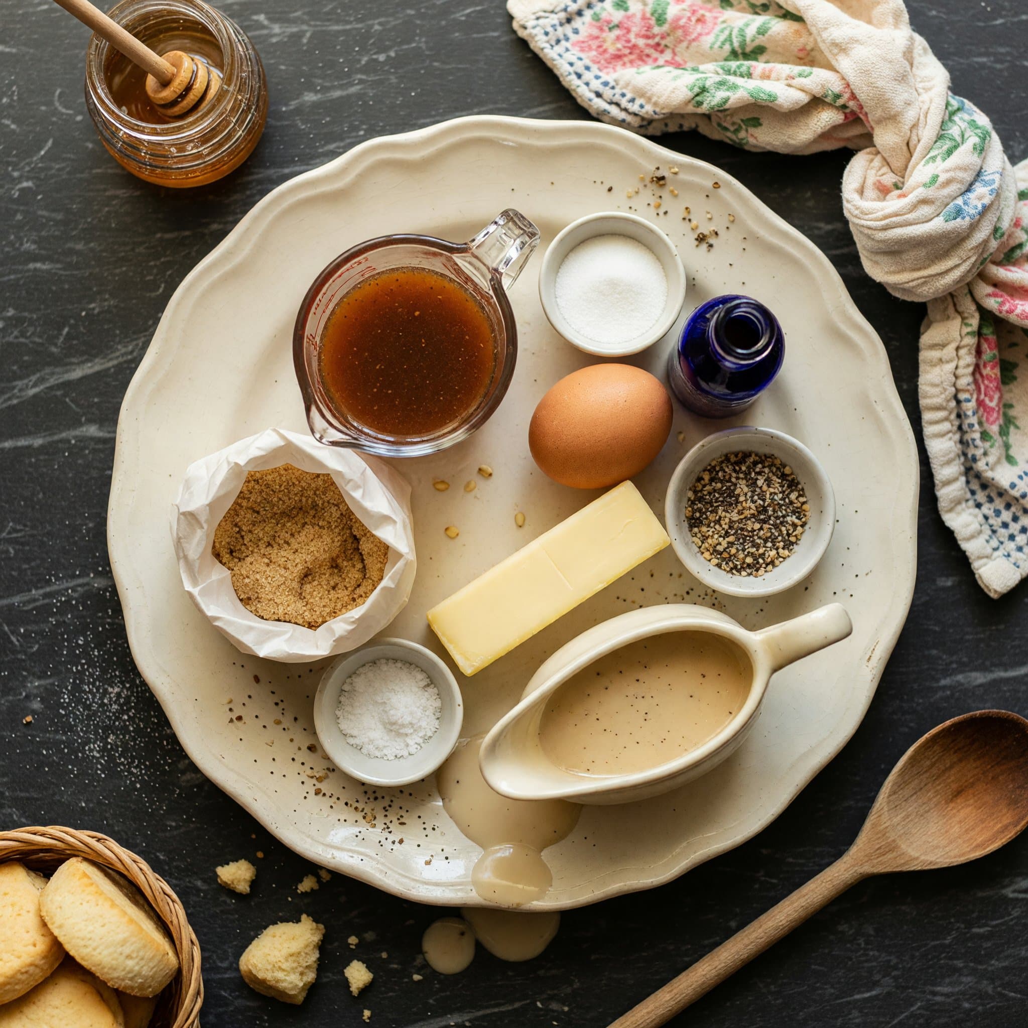 Overhead view of spiced apple cider (Reduced to 5tbsp ), egg, Light Brown Sugar, Granulated Sugar, Vanilla Extract, Butter, Baking Soda and Salt arranged on a table