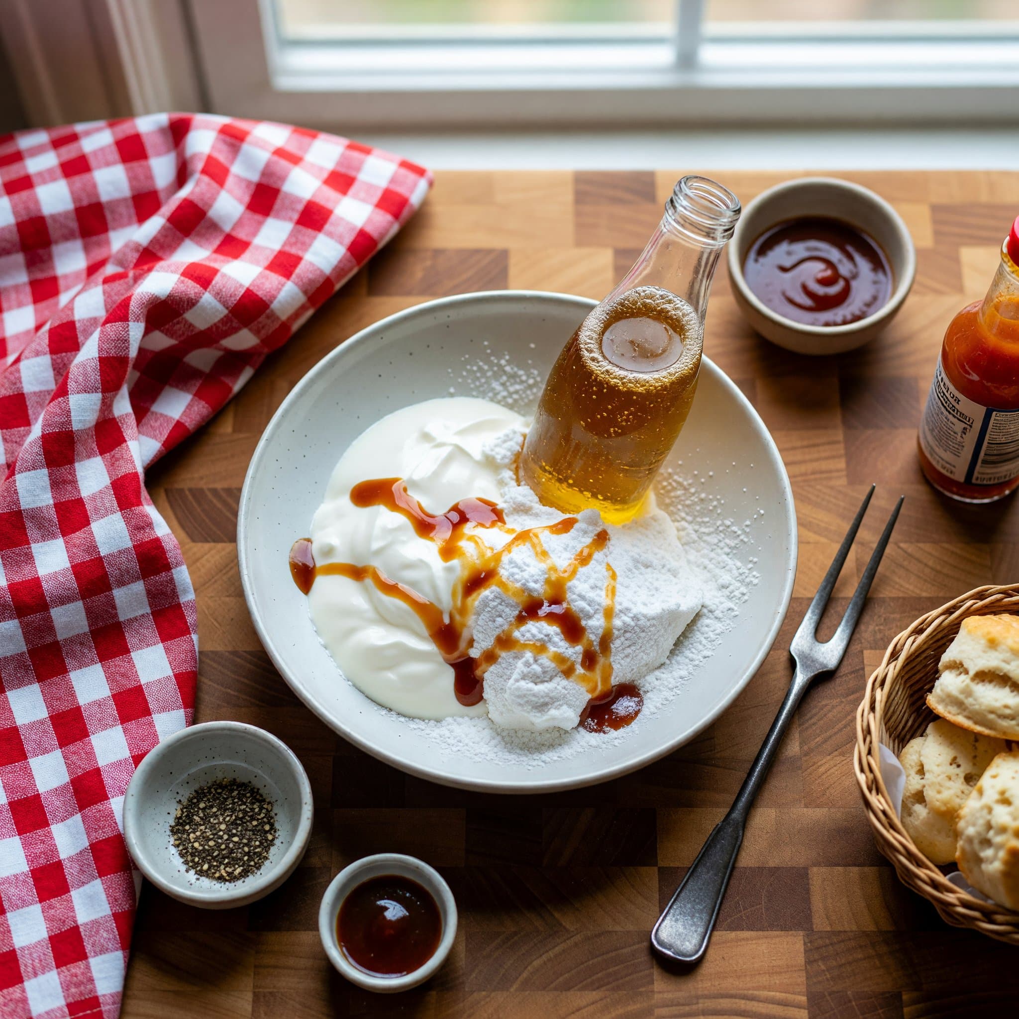 Overhead view of Heavy Cream, Powdered Sugar, Cream Soda and Butterscotch Syrup arranged on a table