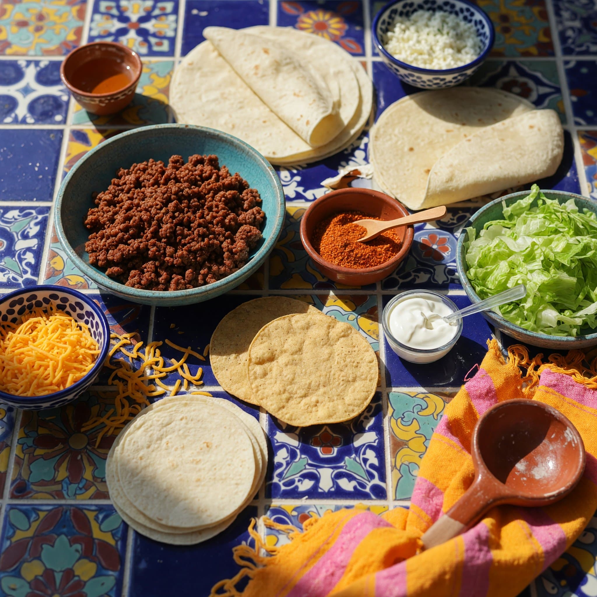 Overhead view of burrito sized tortillas (extra large), taco sized tortillas, tostadas, Ground Beef, Taco Seasoning, Cheddar Cheese, Sour Cream and lettuce arranged on a table